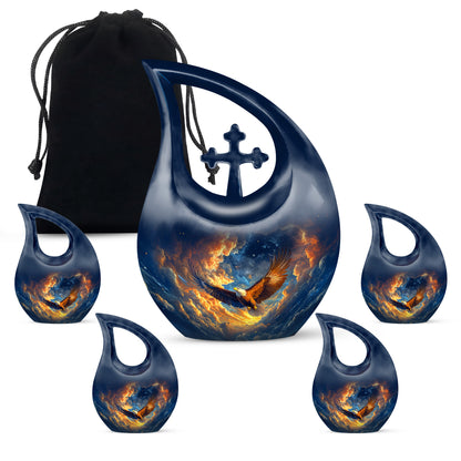 Royal Blue Eagle Cremation Urn urn with complimentary velvet bag - faith-inspired cross-drop urn with eagle pattern - memorial set with one large and four small urns