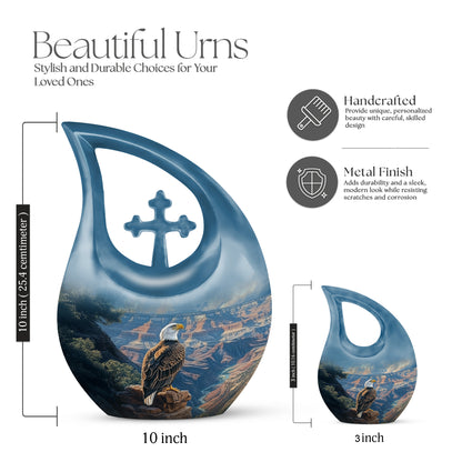 Vivid Blue Eagle Cremation Urn back view with polished surface - faith-inspired cross-drop urn with eagle pattern - mini keepsake memorial for portion of cremation ashes