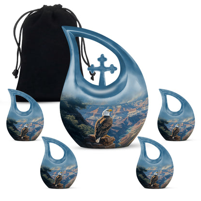 Slate Blue Eagle Cremation Urn urn with complimentary velvet bag - cross and eagle combined in spiritual memorial design - memorial set with one large and four small urns