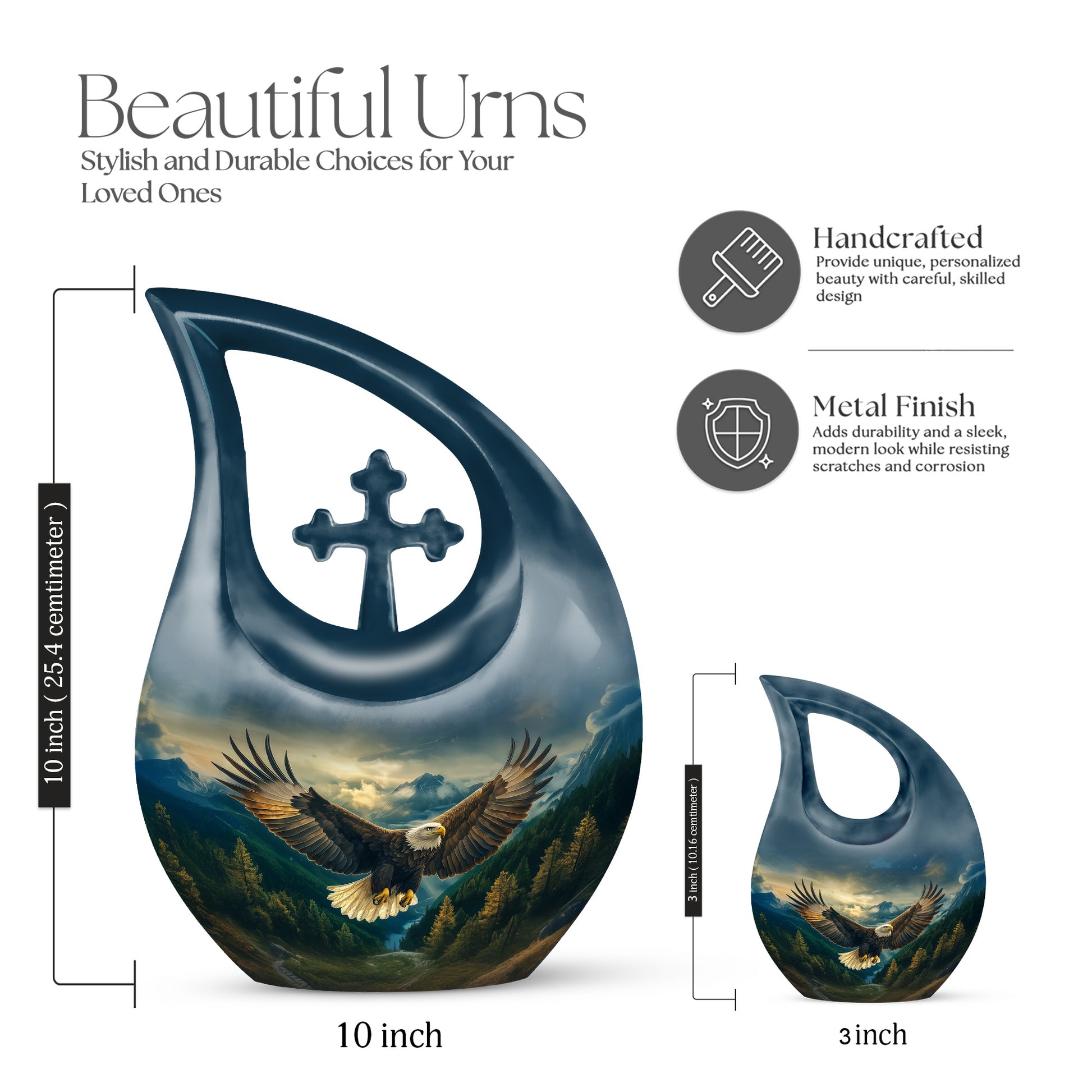 Soft Blue Eagle Cremation Urn back view with polished surface - devotional cross-drop eagle engraving - mini keepsake memorial for portion of cremation ashes