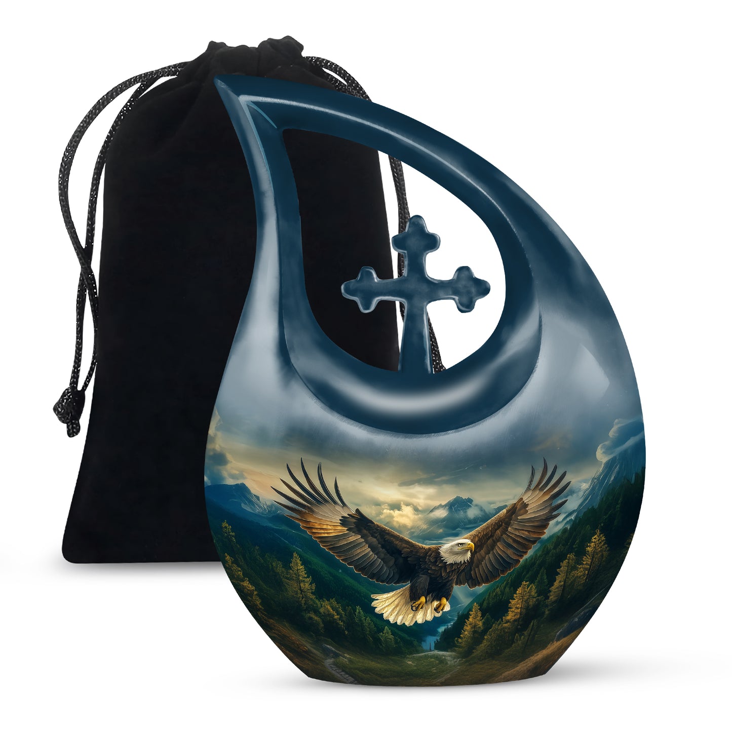 Azure Eagle Cremation Urn top-down view of secure threaded lid - cross and eagle combined in spiritual memorial design - full-size 10 inch 200 cubic inch adult cremation urn