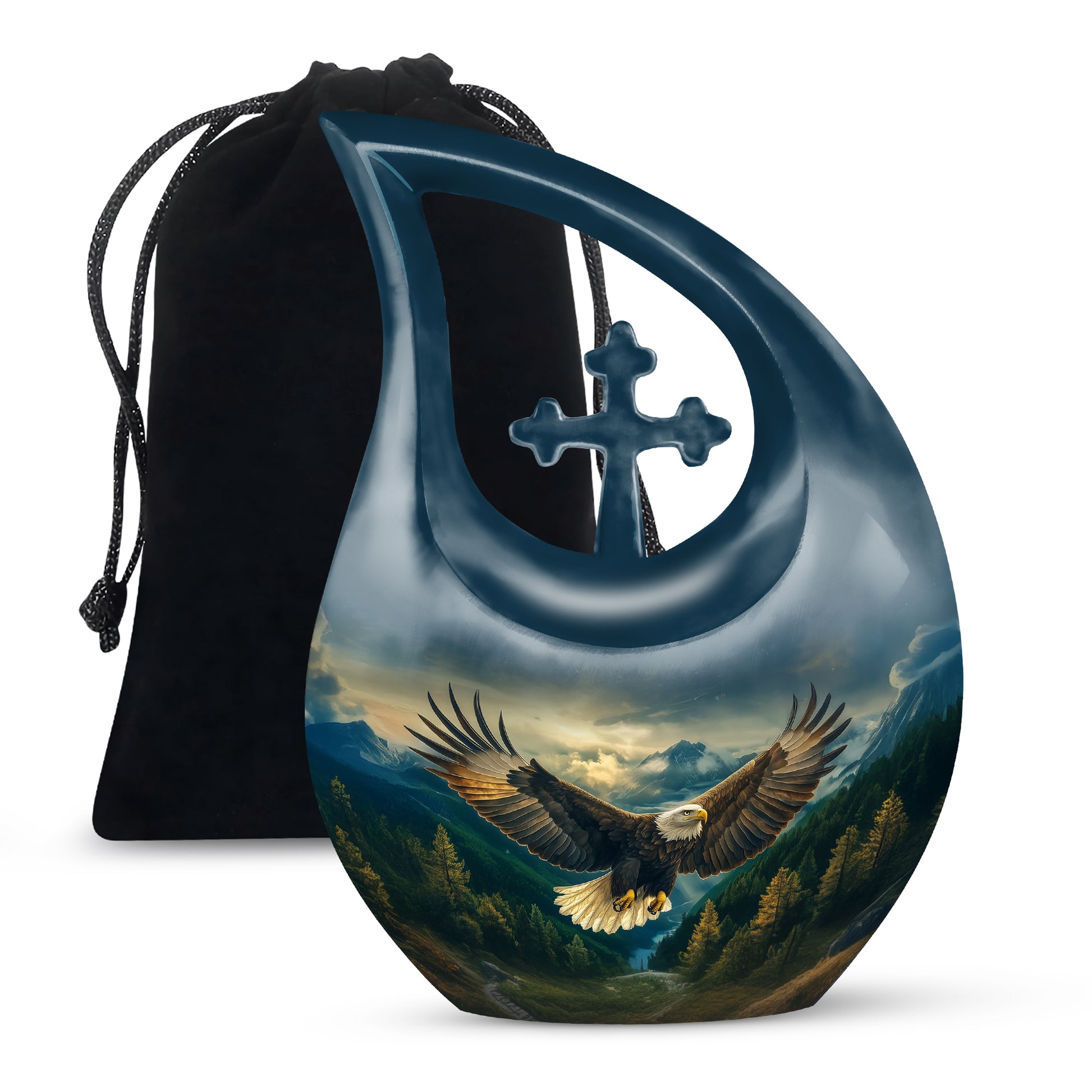 Azure Eagle Cremation Urn top-down view of secure threaded lid - cross and eagle combined in spiritual memorial design - full-size 10 inch 200 cubic inch adult cremation urn