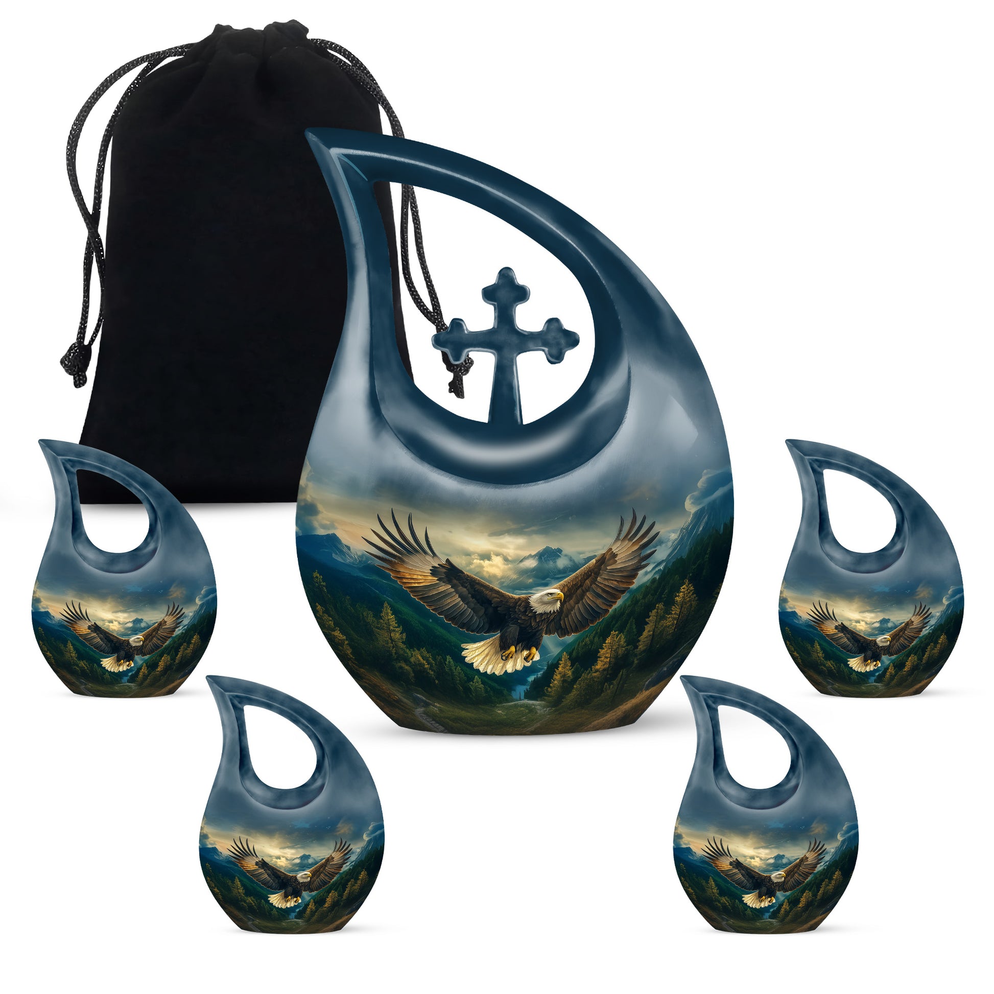 Serene Blue Eagle Cremation Urn urn with complimentary velvet bag - faith-inspired cross-drop urn with eagle pattern - memorial set with one large and four small urns