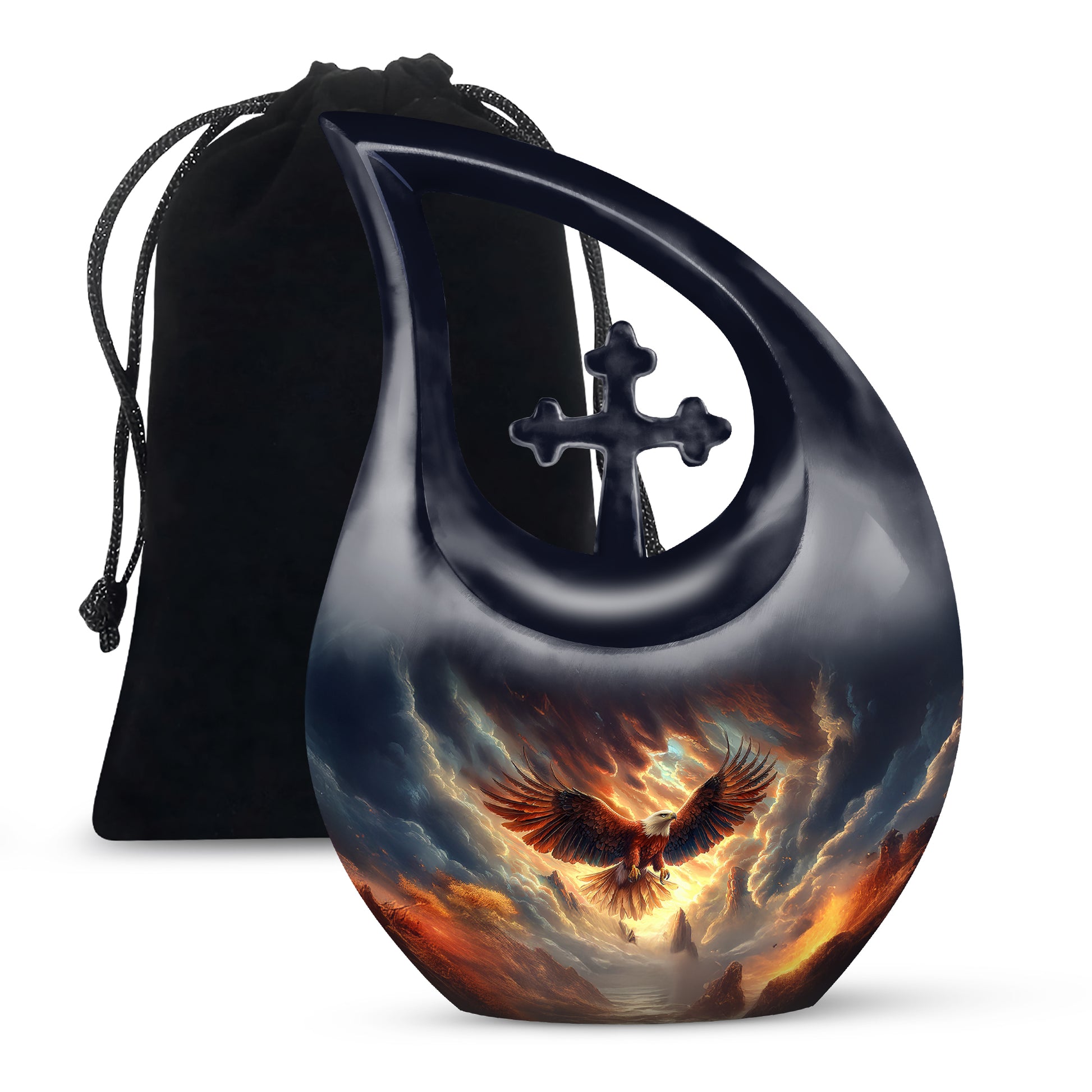 Midnight Black Eagle Cremation Urn top-down view of secure threaded lid - faith-inspired cross-drop urn with eagle pattern - full-size 10 inch 200 cubic inch adult cremation urn