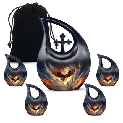 Onyx Black Eagle Cremation Urn urn with complimentary velvet bag - devotional cross-drop eagle engraving - memorial set with one large and four small urns