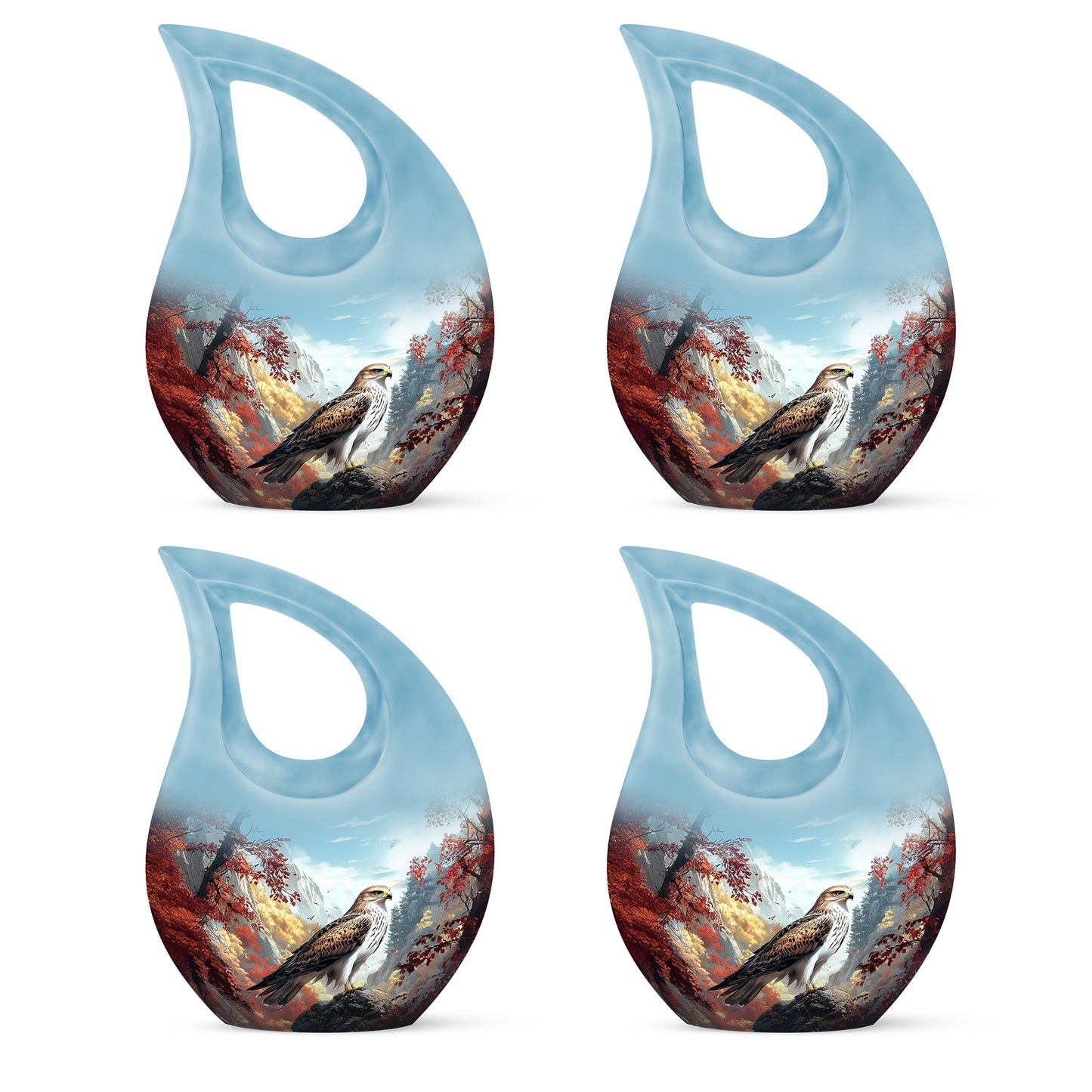 Steel Blue Eagle Cremation Urn lifestyle display on memorial shelf - devotional cross-drop eagle engraving - 10 inch aluminum urn for cremated remains