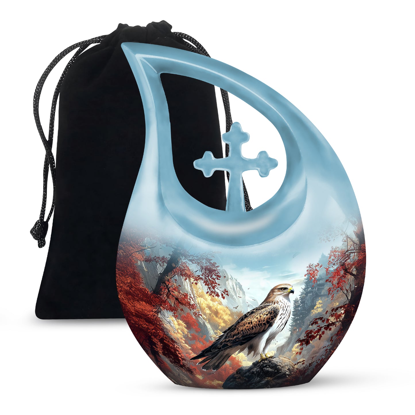 Sky Blue Eagle Cremation Urn top-down view of secure threaded lid - sacred cross merged with eagle motif on metal - full-size 10 inch 200 cubic inch adult cremation urn