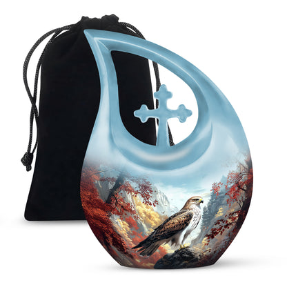 Sky Blue Eagle Cremation Urn top-down view of secure threaded lid - sacred cross merged with eagle motif on metal - full-size 10 inch 200 cubic inch adult cremation urn