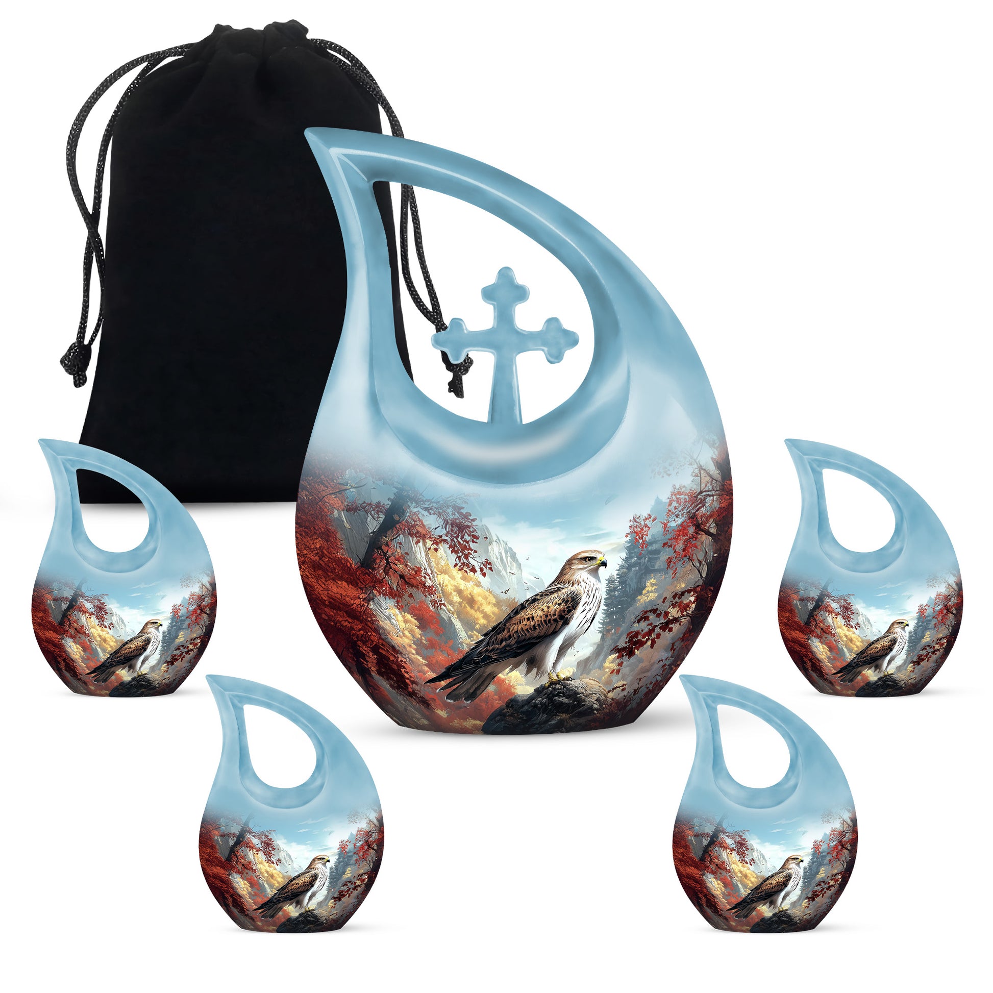 Pastel Blue Eagle Cremation Urn urn with complimentary velvet bag - cross and eagle combined in spiritual memorial design - memorial set with one large and four small urns