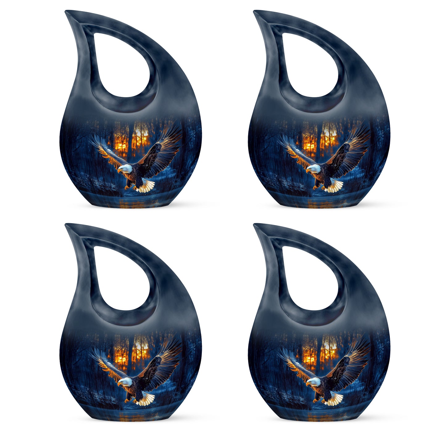 Indigo Eagle Cremation Urn lifestyle display on memorial shelf - sacred cross merged with eagle motif on metal - 10 inch aluminum urn for cremated remains