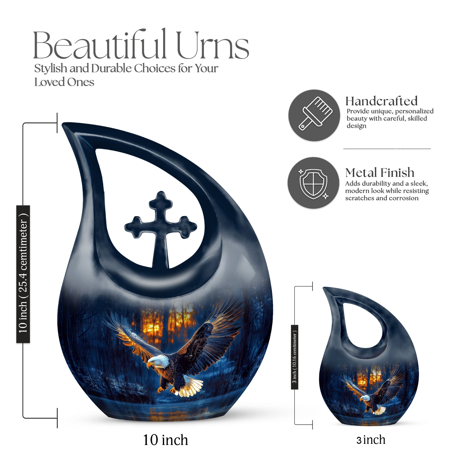 Azure Eagle Cremation Urn back view with polished surface - sacred cross merged with eagle motif on metal - mini keepsake memorial for portion of cremation ashes