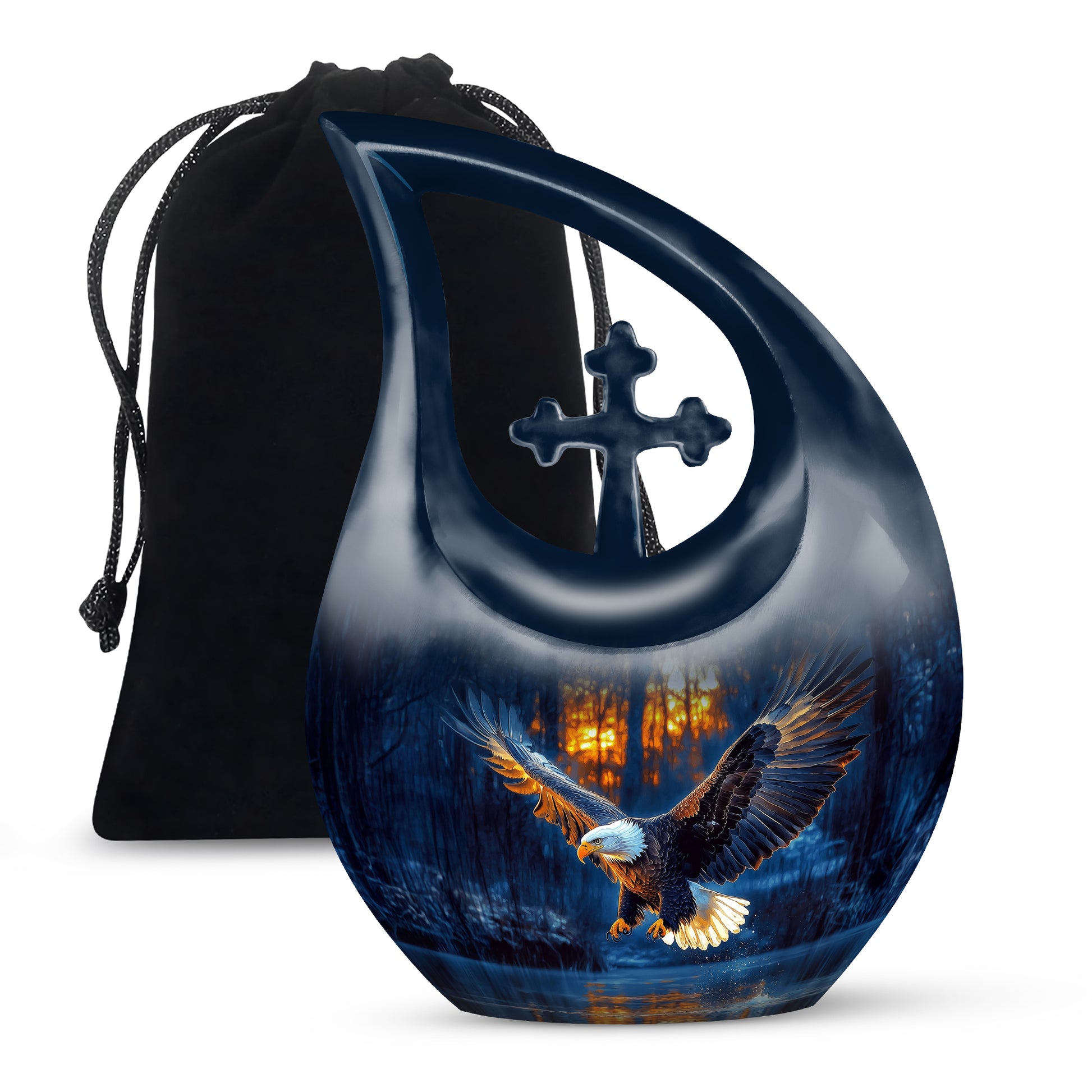 Serene Blue Eagle Cremation Urn top-down view of secure threaded lid - devotional cross-drop eagle engraving - full-size 10 inch 200 cubic inch adult cremation urn