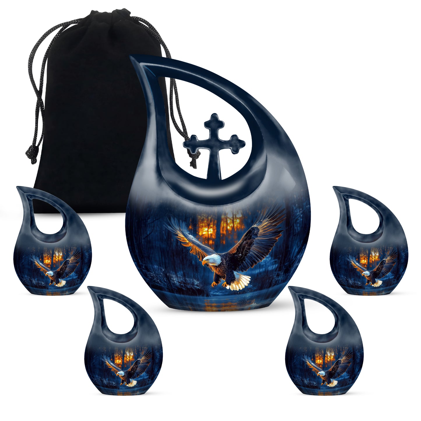Soft Blue Eagle Cremation Urn urn with complimentary velvet bag - devotional cross-drop eagle engraving - memorial set with one large and four small urns