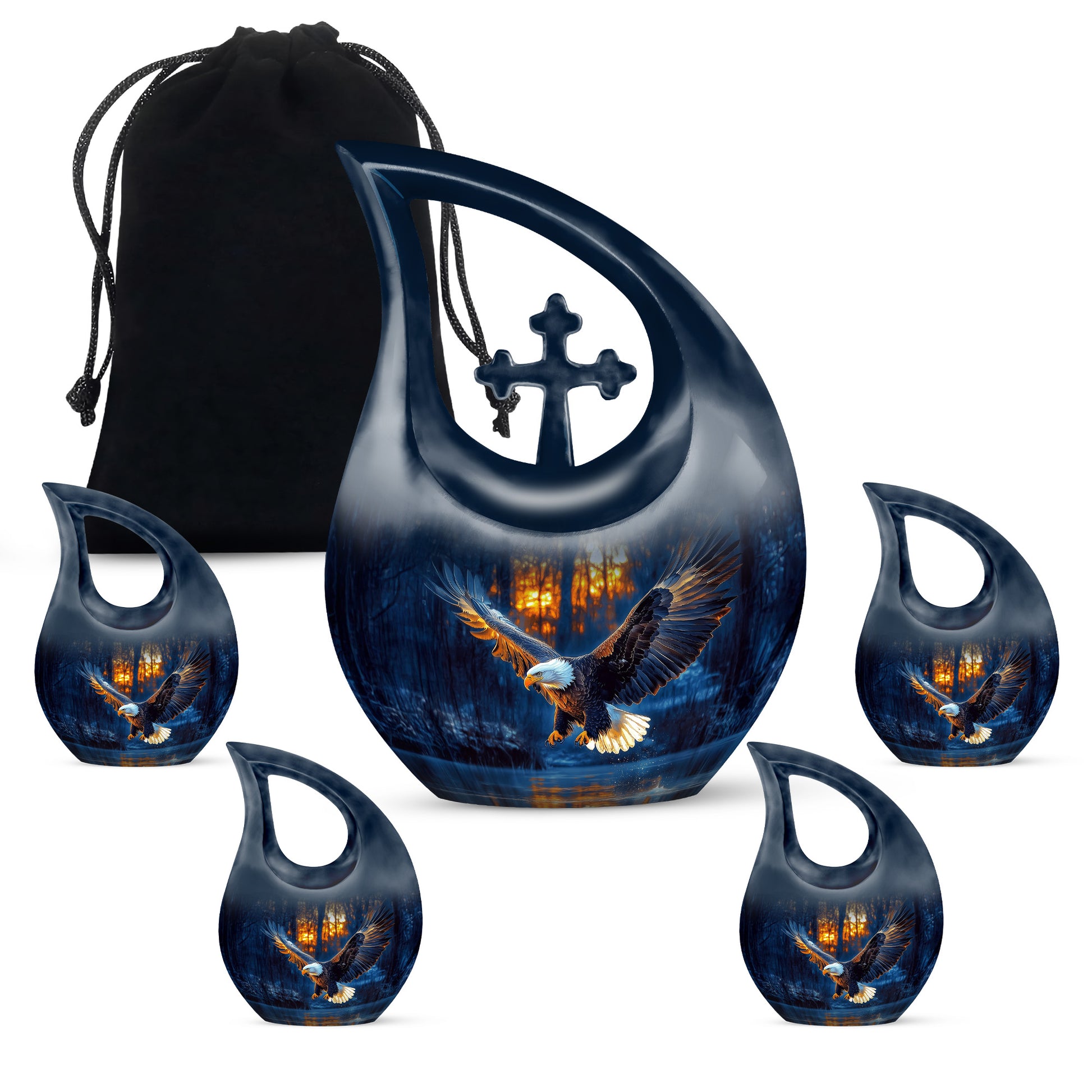 Soft Blue Eagle Cremation Urn urn with complimentary velvet bag - devotional cross-drop eagle engraving - memorial set with one large and four small urns