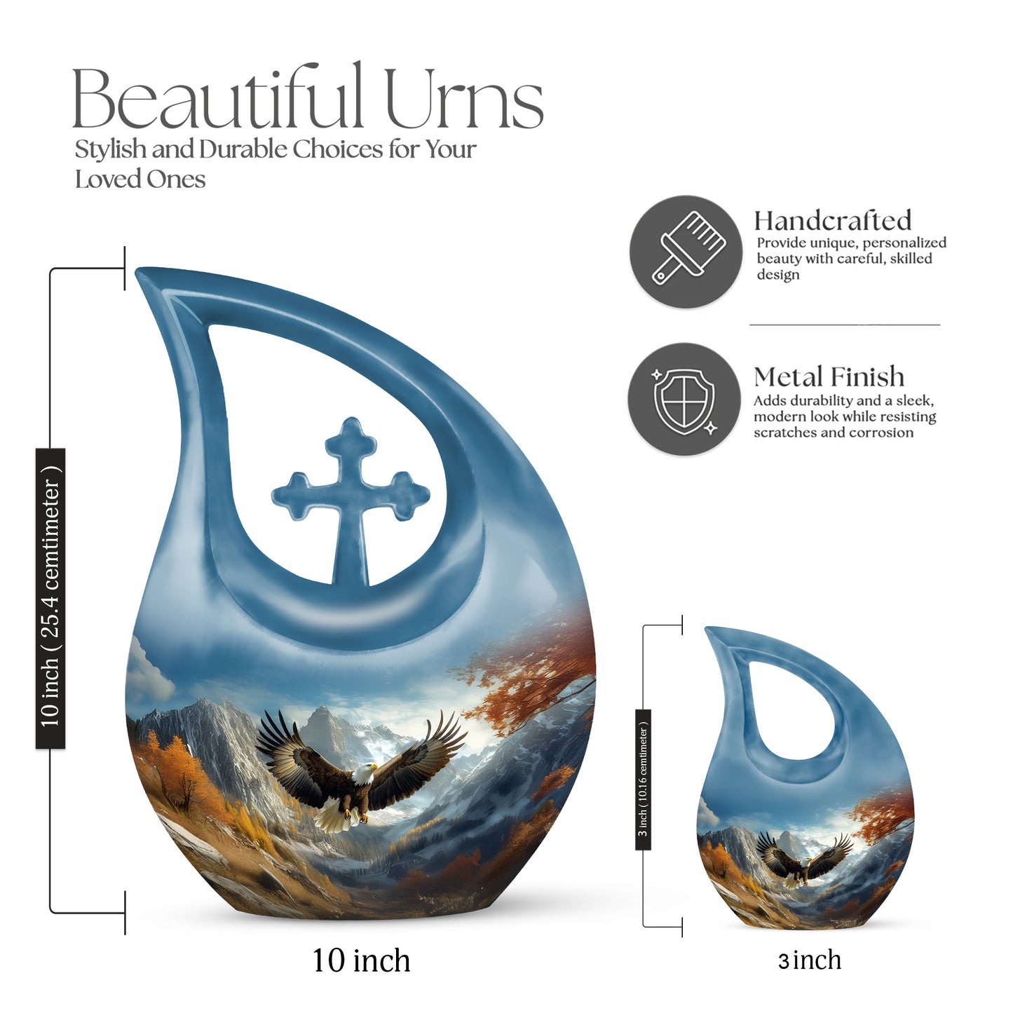 Misty Blue Eagle Cremation Urn back view with polished surface - sacred cross merged with eagle motif on metal - mini keepsake memorial for portion of cremation ashes