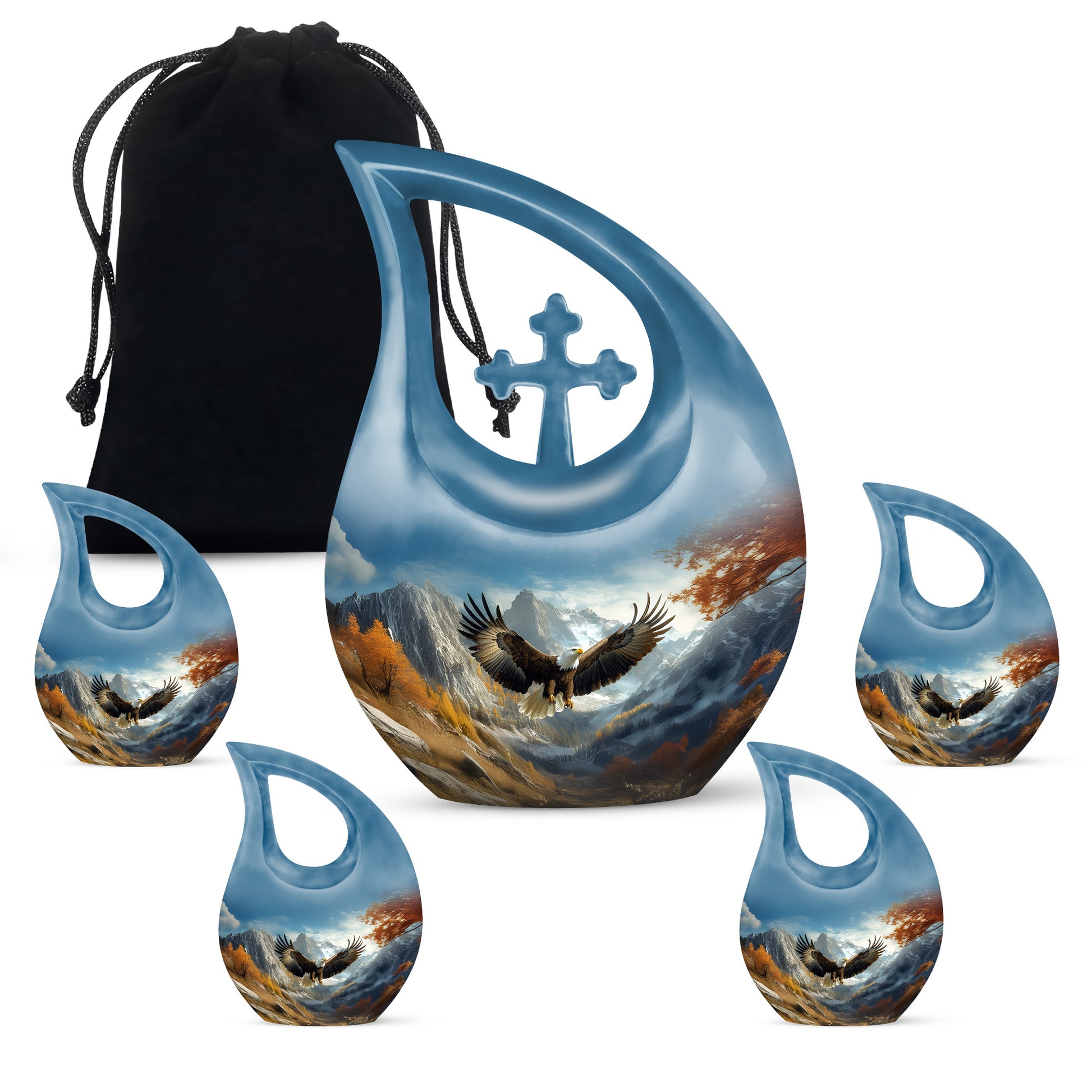 Sapphire Blue Eagle Cremation Urn urn with complimentary velvet bag - faith-inspired cross-drop urn with eagle pattern - memorial set with one large and four small urns