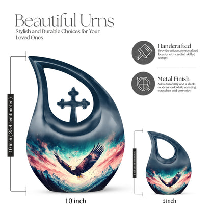 Indigo Eagle Cremation Urn back view with polished surface - sacred cross merged with eagle motif on metal - mini keepsake memorial for portion of cremation ashes