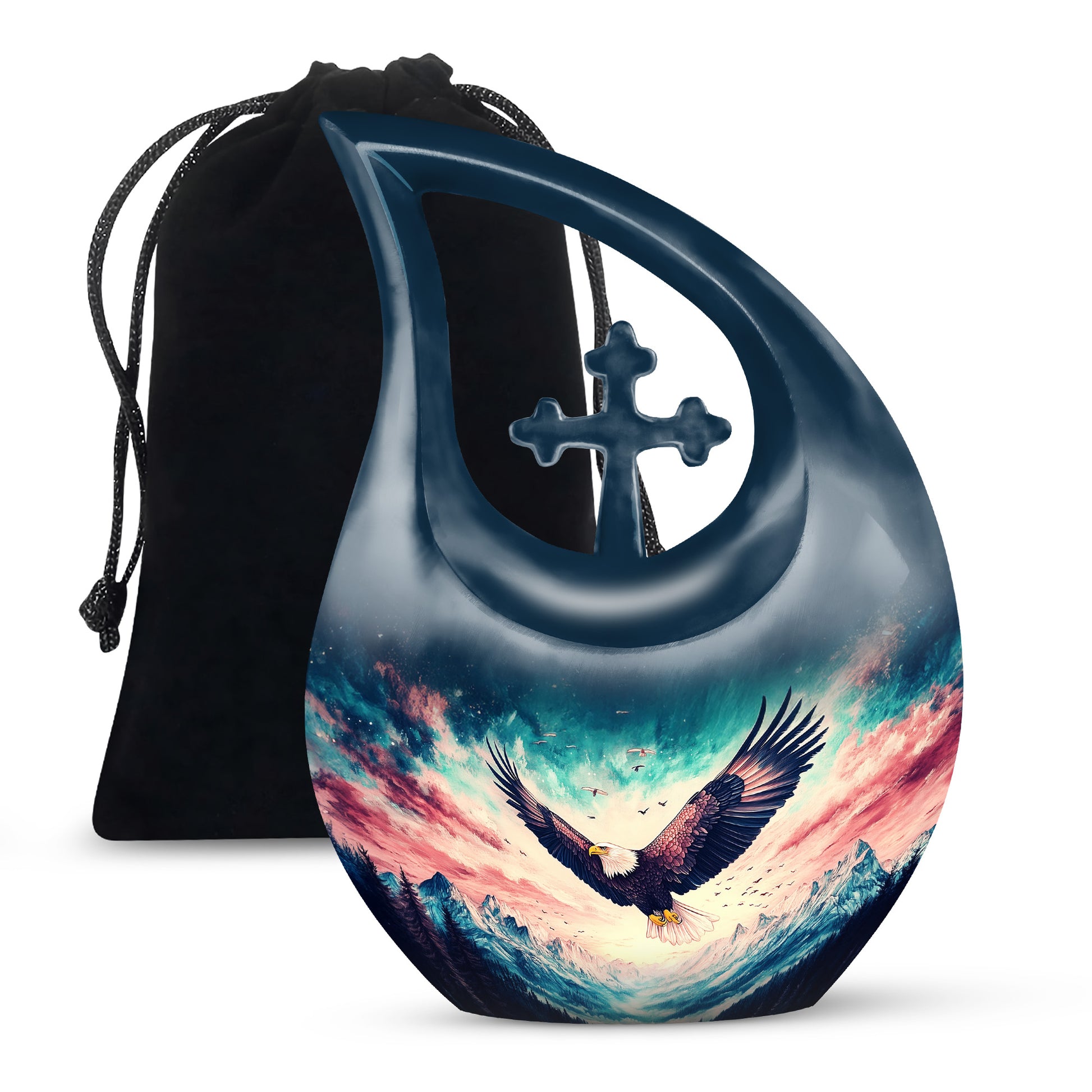 Slate Blue Eagle Cremation Urn top-down view of secure threaded lid - cross and eagle combined in spiritual memorial design - full-size 10 inch 200 cubic inch adult cremation urn