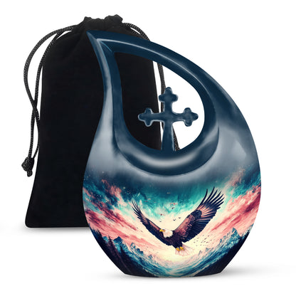Slate Blue Eagle Cremation Urn top-down view of secure threaded lid - cross and eagle combined in spiritual memorial design - full-size 10 inch 200 cubic inch adult cremation urn