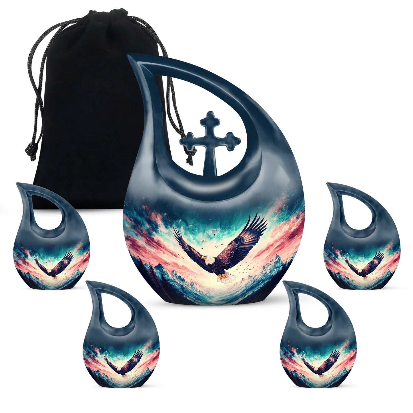 Dusty Blue Eagle Cremation Urn urn with complimentary velvet bag - sacred cross merged with eagle motif on metal - memorial set with one large and four small urns