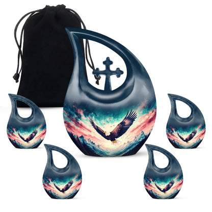 Dusty Blue Eagle Cremation Urn urn with complimentary velvet bag - sacred cross merged with eagle motif on metal - memorial set with one large and four small urns