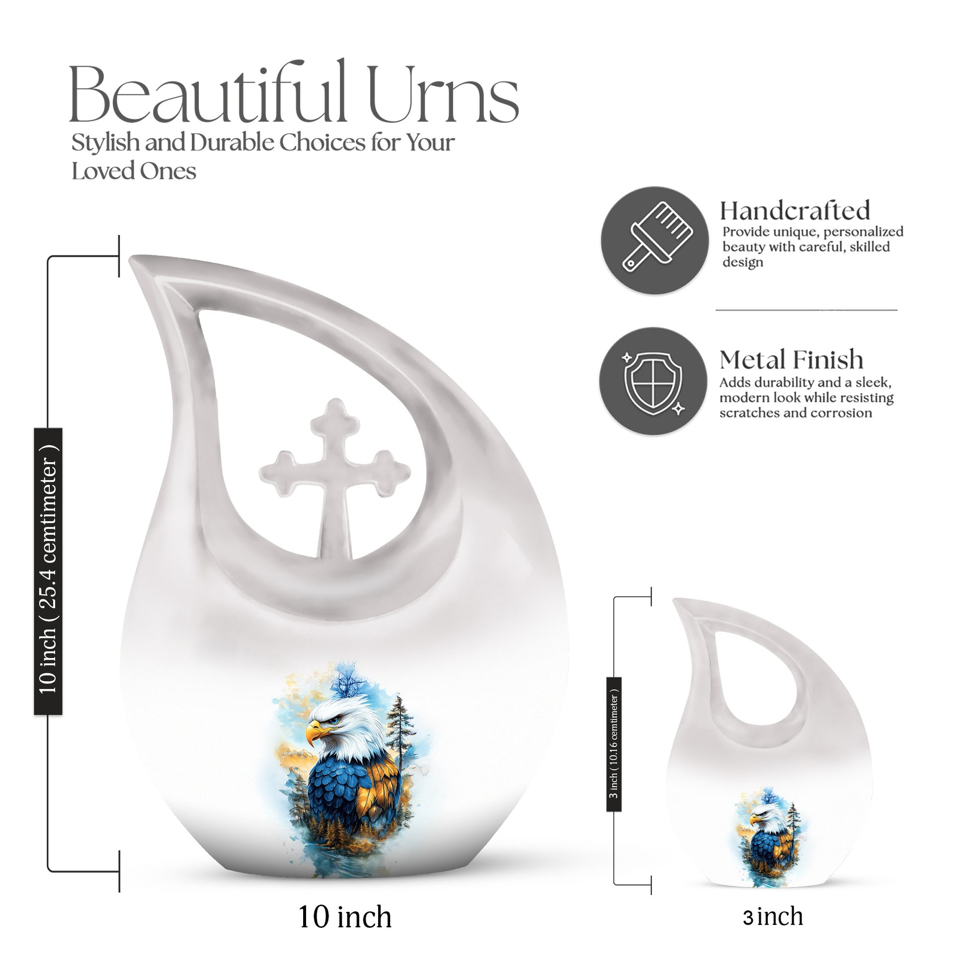 Gleaming Silver Eagle Cremation Urn back view with polished surface - sacred cross merged with eagle motif on metal - mini keepsake memorial for portion of cremation ashes