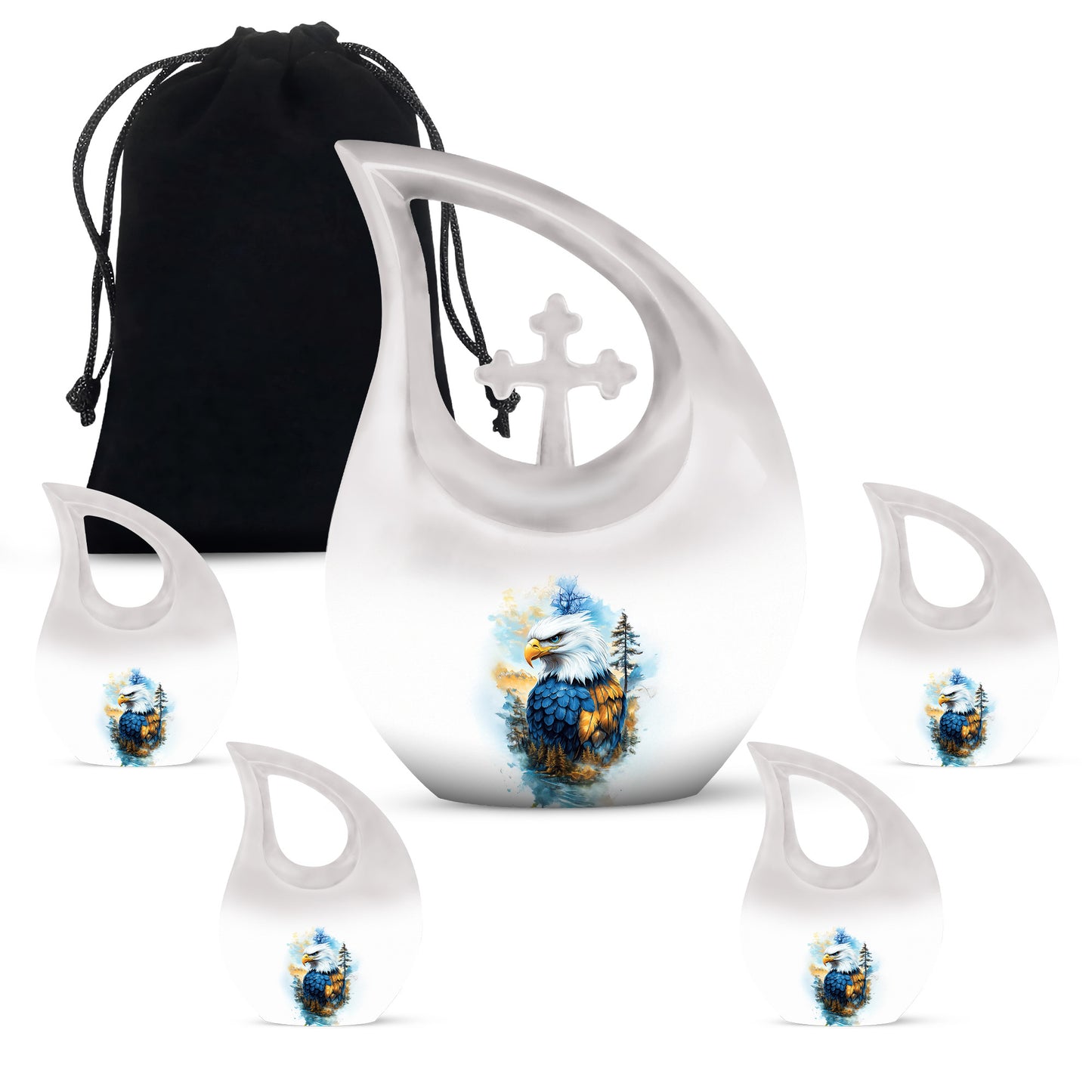 Gleaming Silver Eagle Cremation Urn urn with complimentary velvet bag - sacred cross merged with eagle motif on metal - memorial set with one large and four small urns