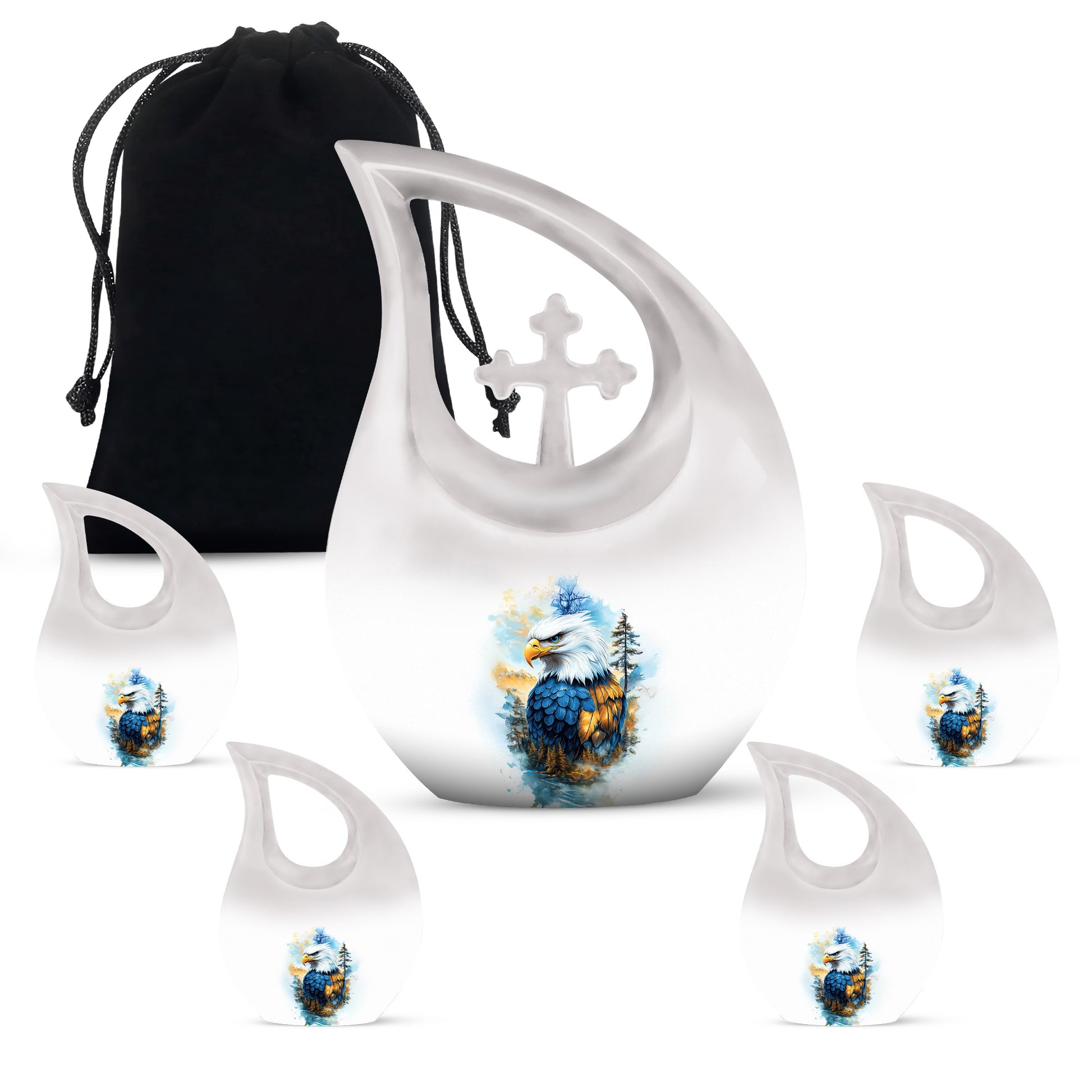 Gleaming Silver Eagle Cremation Urn urn with complimentary velvet bag - sacred cross merged with eagle motif on metal - memorial set with one large and four small urns