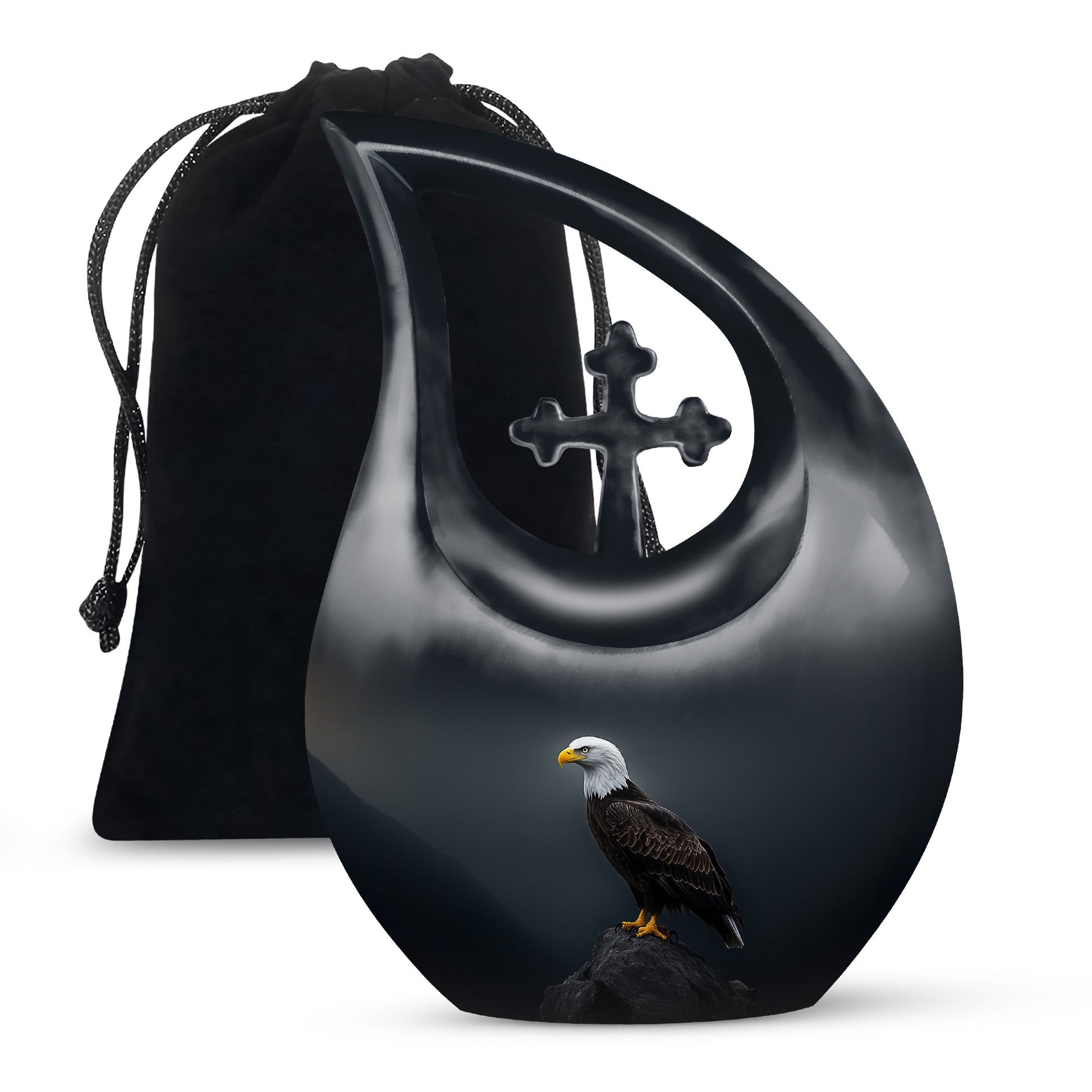 Royal Blue Eagle Cremation Urn top-down view of secure threaded lid - faith-inspired cross-drop urn with eagle pattern - full-size 10 inch 200 cubic inch adult cremation urn