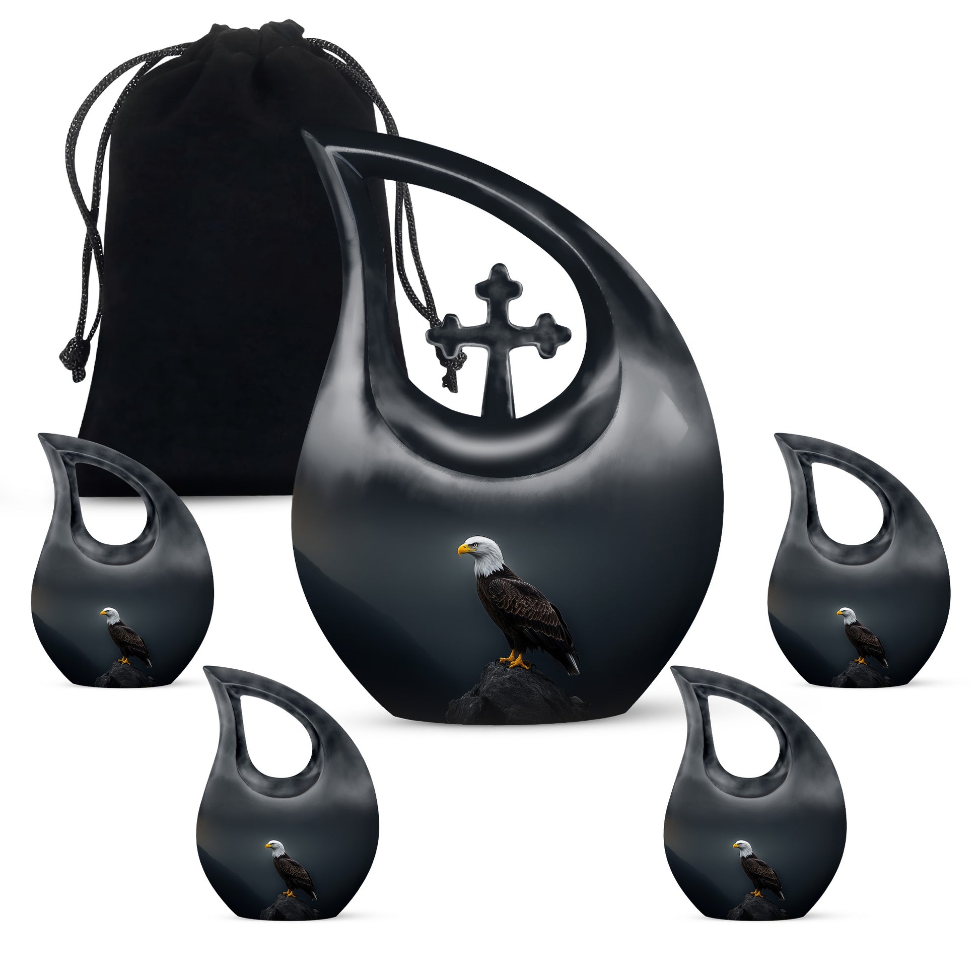 Misty Blue Eagle Cremation Urn urn with complimentary velvet bag - sacred cross merged with eagle motif on metal - memorial set with one large and four small urns