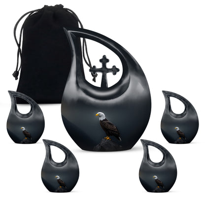Misty Blue Eagle Cremation Urn urn with complimentary velvet bag - sacred cross merged with eagle motif on metal - memorial set with one large and four small urns