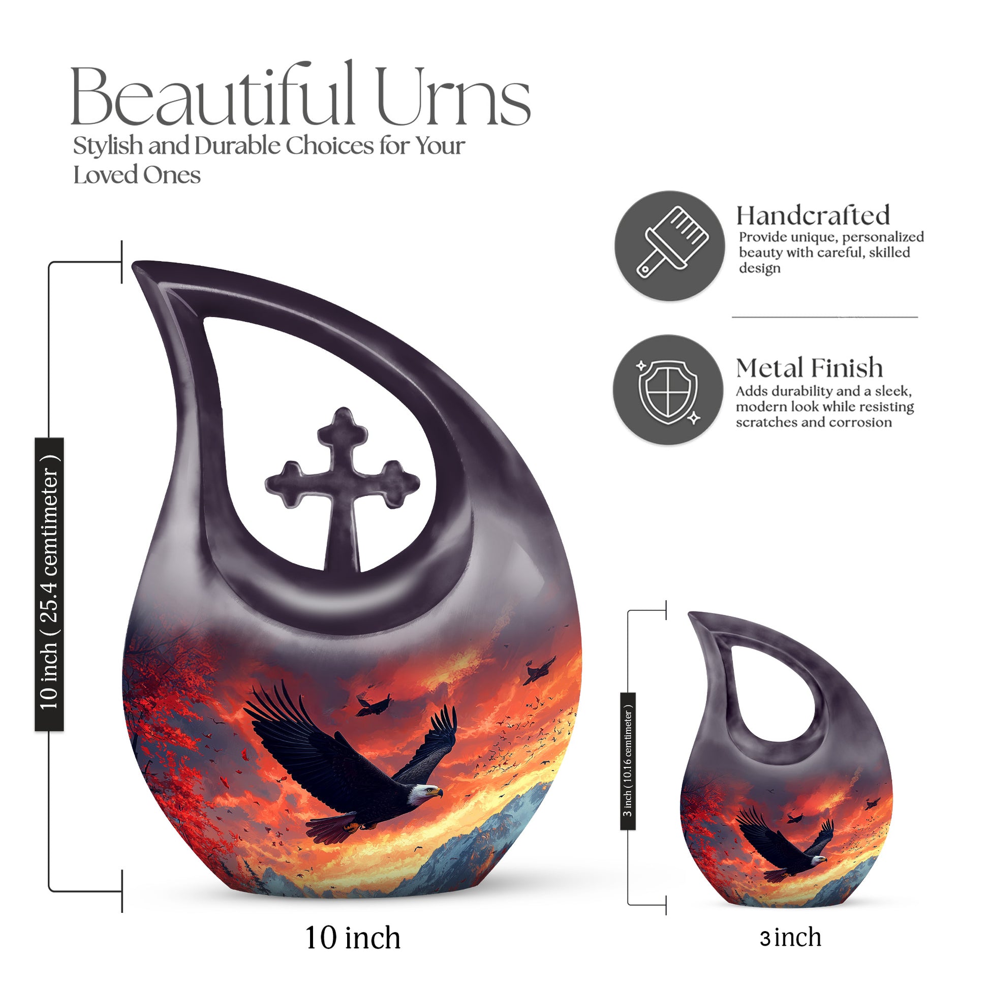 Vivid Blue Eagle Cremation Urn back view with polished surface - devotional cross-drop eagle engraving - mini keepsake memorial for portion of cremation ashes