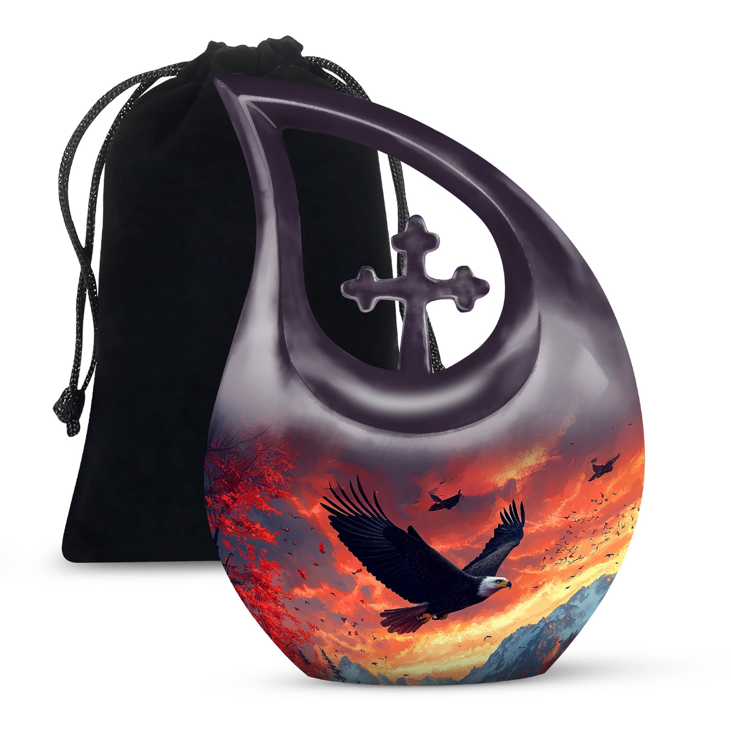 Sapphire Blue Eagle Cremation Urn top-down view of secure threaded lid - faith-inspired cross-drop urn with eagle pattern - full-size 10 inch 200 cubic inch adult cremation urn