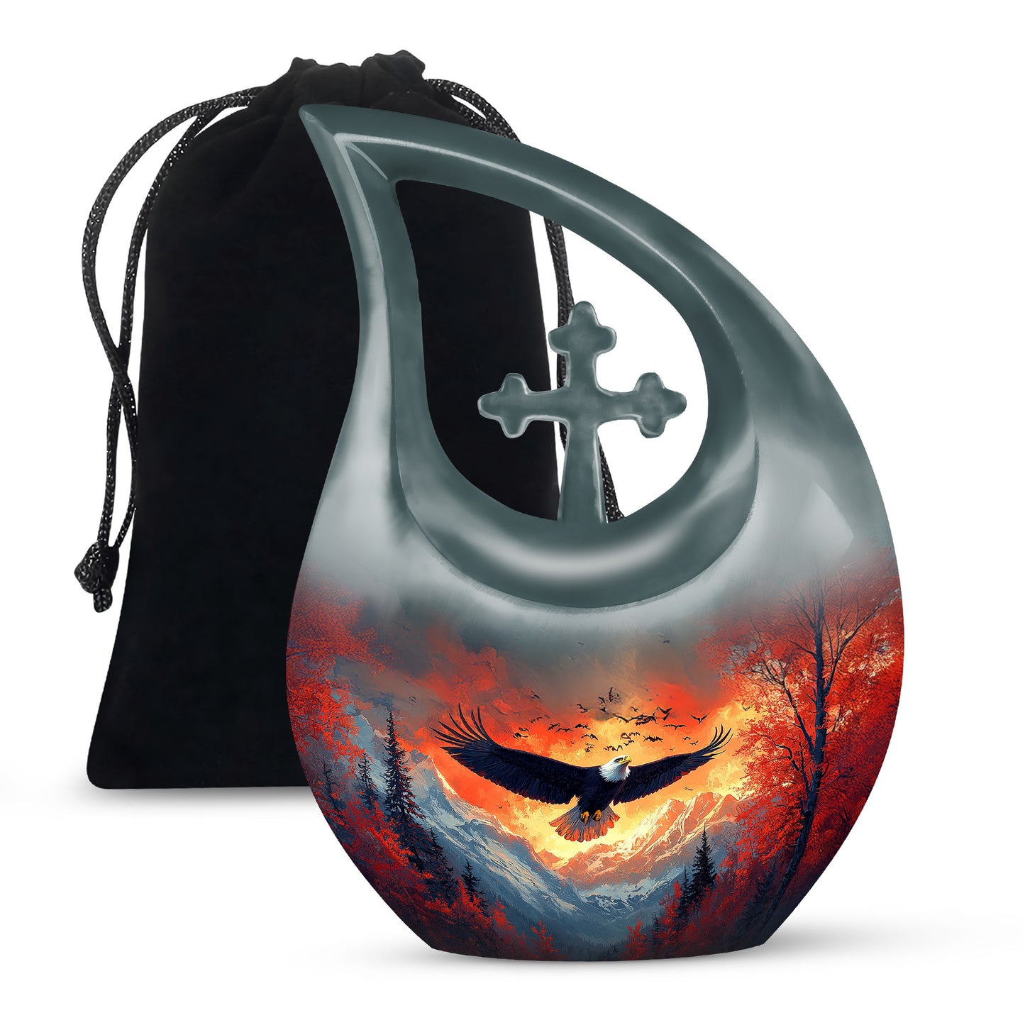 Dusty Blue Eagle Cremation Urn top-down view of secure threaded lid - sacred cross merged with eagle motif on metal - full-size 10 inch 200 cubic inch adult cremation urn
