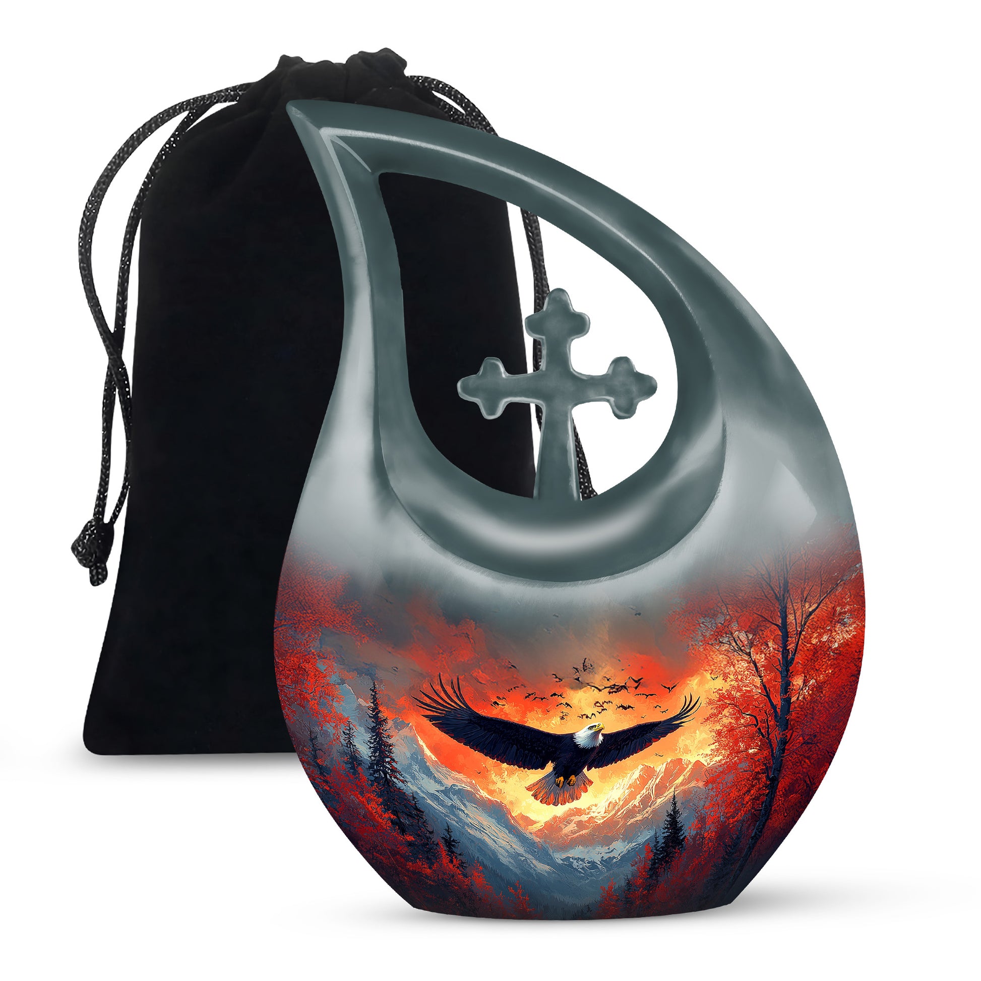 Dusty Blue Eagle Cremation Urn top-down view of secure threaded lid - sacred cross merged with eagle motif on metal - full-size 10 inch 200 cubic inch adult cremation urn
