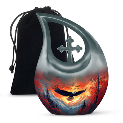 Dusty Blue Eagle Cremation Urn top-down view of secure threaded lid - sacred cross merged with eagle motif on metal - full-size 10 inch 200 cubic inch adult cremation urn