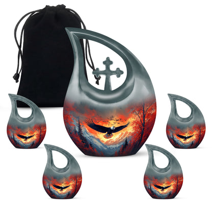 Celestial Blue Eagle Cremation Urn urn with complimentary velvet bag - cross and eagle combined in spiritual memorial design - memorial set with one large and four small urns