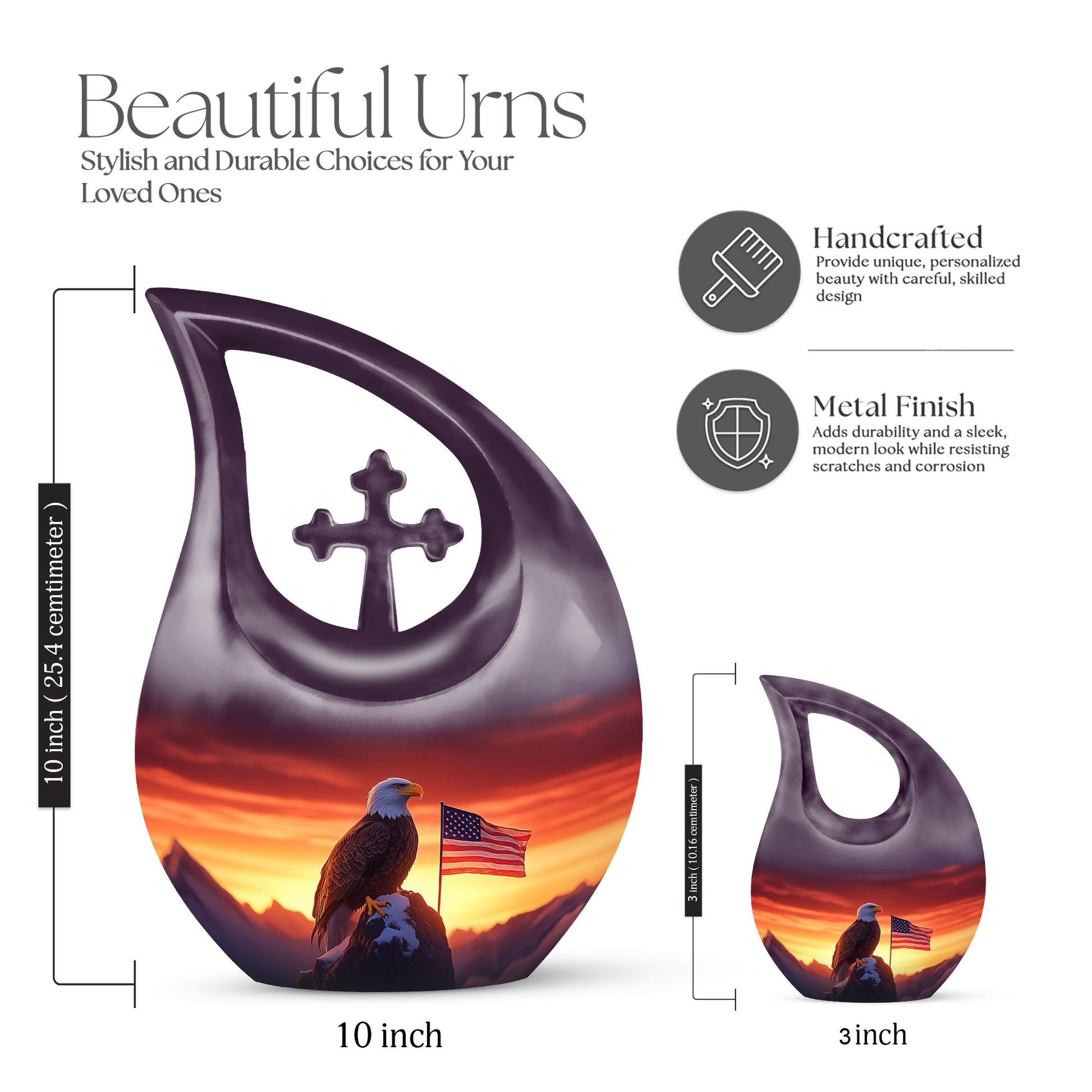 Garnet Red Eagle Cremation Urn back view with polished surface - sacred cross merged with eagle motif on metal - mini keepsake memorial for portion of cremation ashes