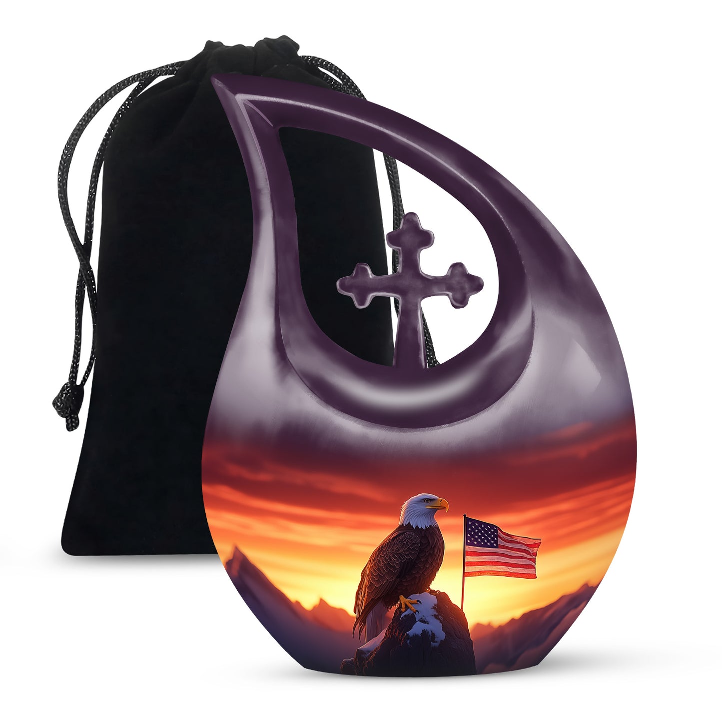 Scarlet Red Eagle Cremation Urn top-down view of secure threaded lid - devotional cross-drop eagle engraving - full-size 10 inch 200 cubic inch adult cremation urn