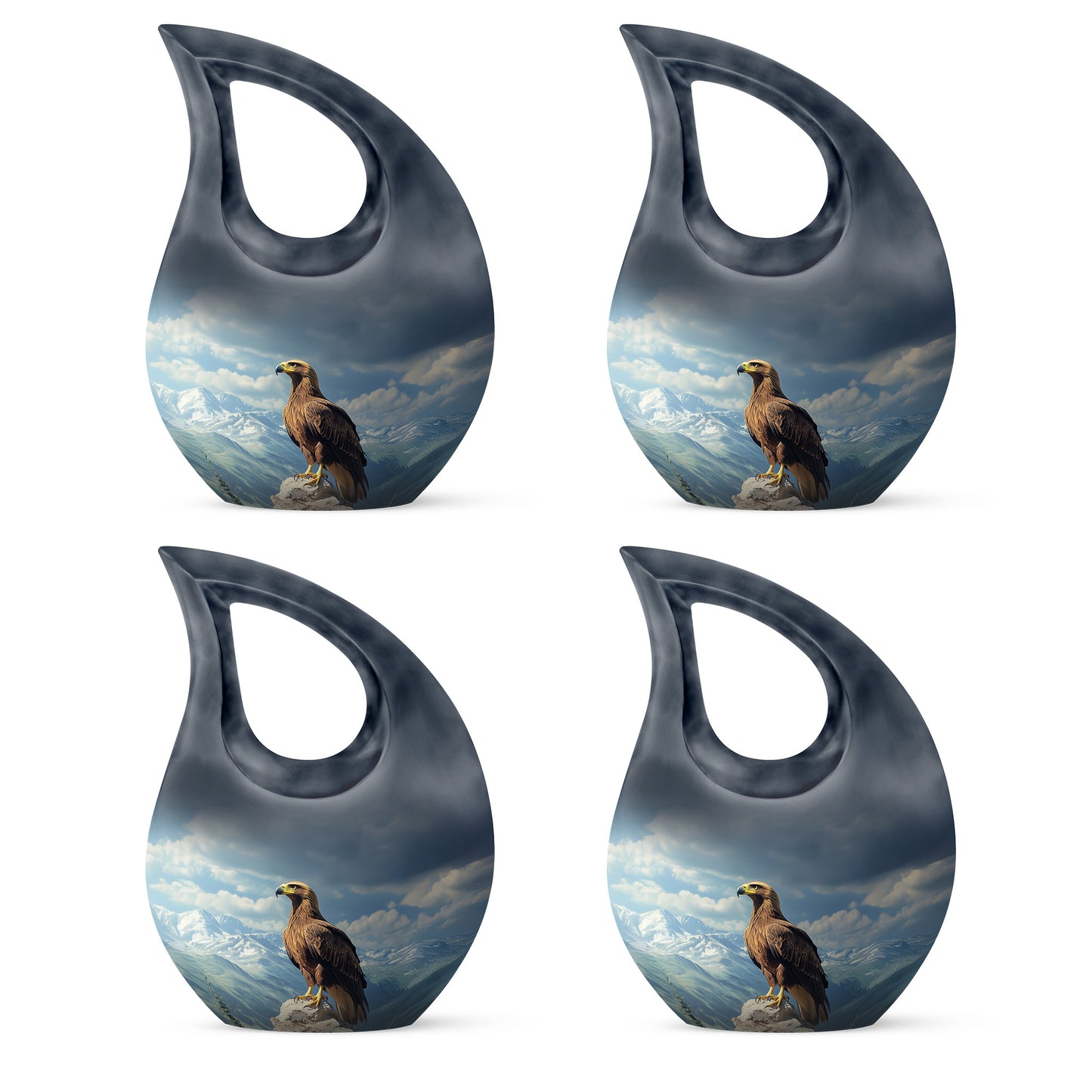 Twilight Blue Eagle Cremation Urn lifestyle display on memorial shelf - faith-inspired cross-drop urn with eagle pattern - 10 inch aluminum urn for cremated remains