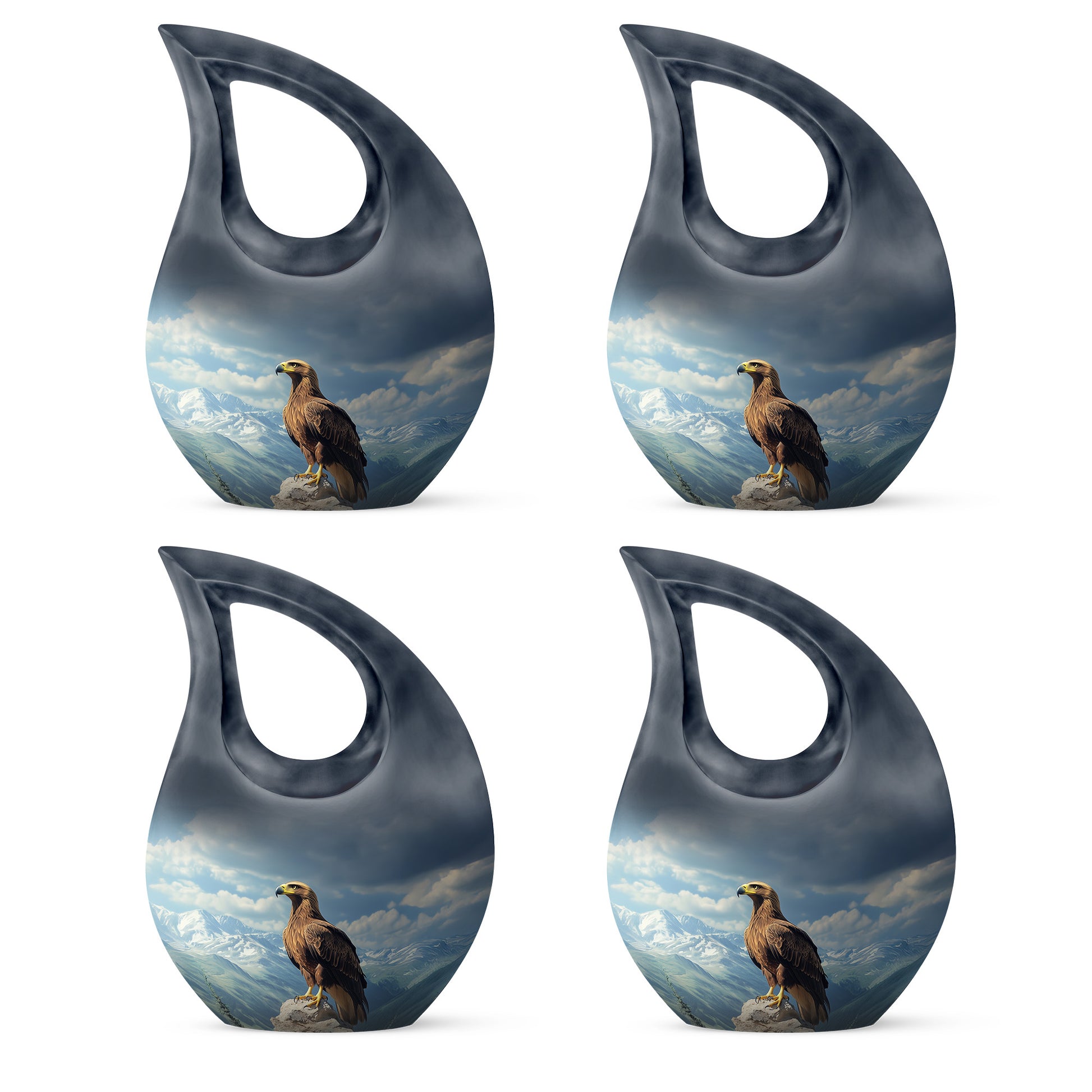 Twilight Blue Eagle Cremation Urn lifestyle display on memorial shelf - faith-inspired cross-drop urn with eagle pattern - 10 inch aluminum urn for cremated remains