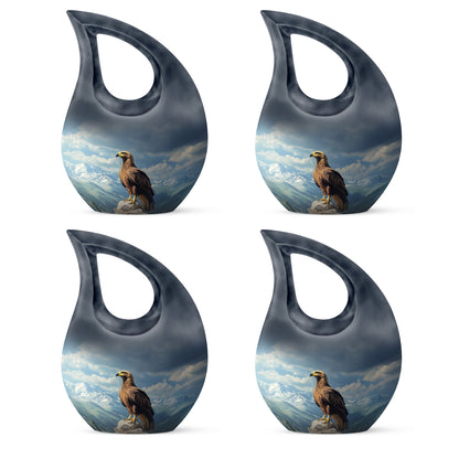 Twilight Blue Eagle Cremation Urn lifestyle display on memorial shelf - faith-inspired cross-drop urn with eagle pattern - 10 inch aluminum urn for cremated remains