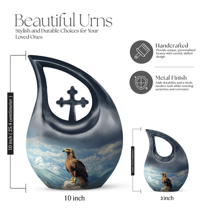 Celestial Blue Eagle Cremation Urn back view with polished surface - cross and eagle combined in spiritual memorial design - mini keepsake memorial for portion of cremation ashes