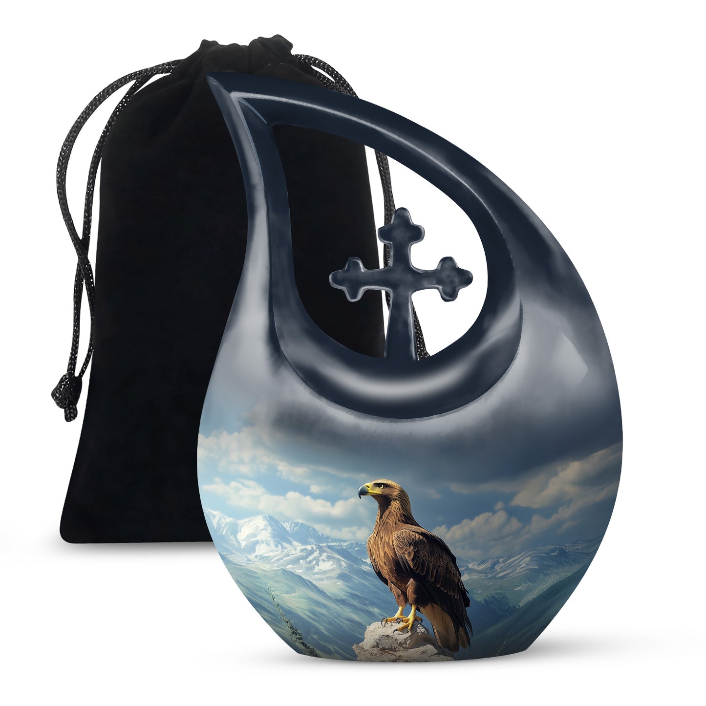 Pastel Blue Eagle Cremation Urn top-down view of secure threaded lid - cross and eagle combined in spiritual memorial design - full-size 10 inch 200 cubic inch adult cremation urn