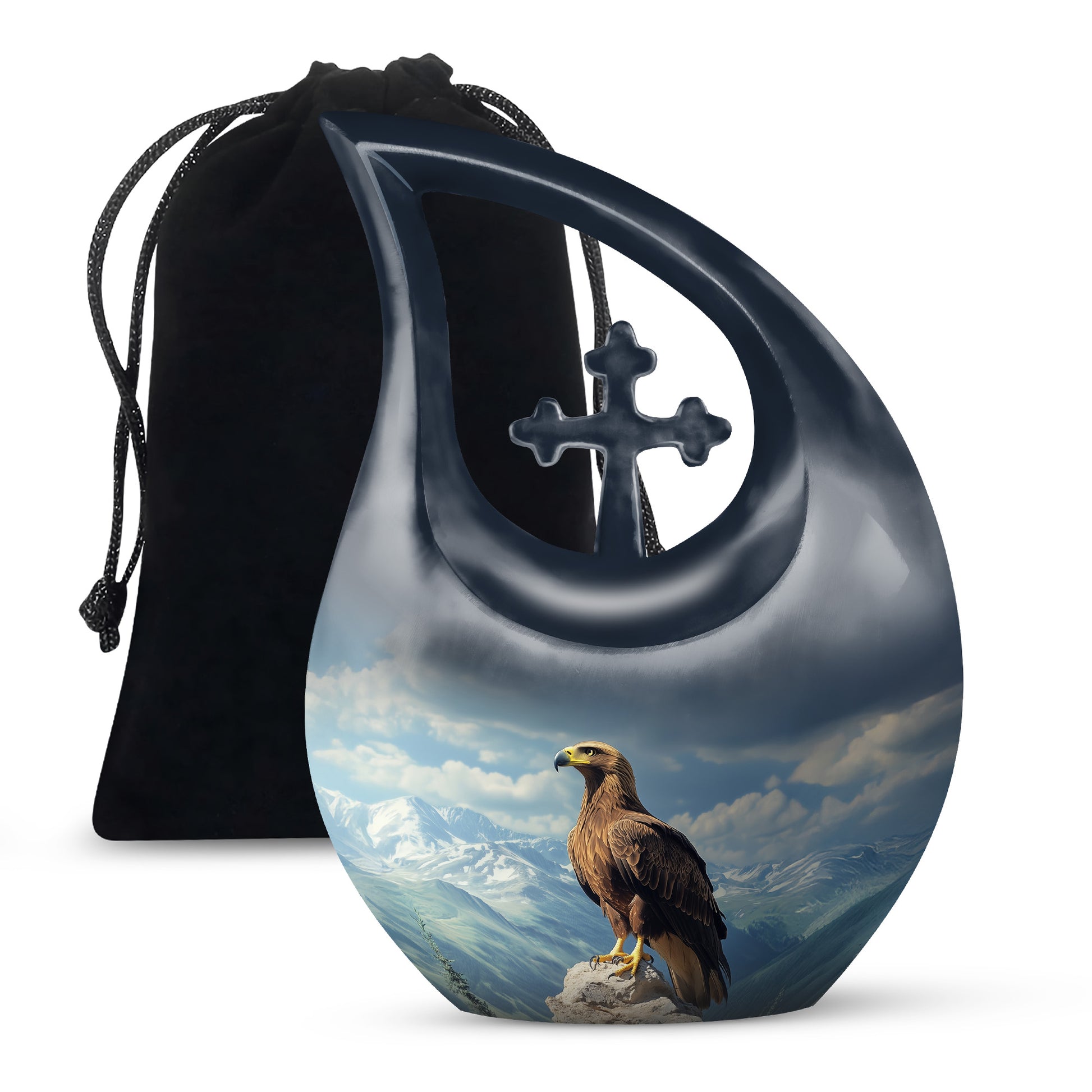 Pastel Blue Eagle Cremation Urn top-down view of secure threaded lid - cross and eagle combined in spiritual memorial design - full-size 10 inch 200 cubic inch adult cremation urn