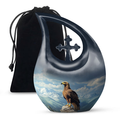 Pastel Blue Eagle Cremation Urn top-down view of secure threaded lid - cross and eagle combined in spiritual memorial design - full-size 10 inch 200 cubic inch adult cremation urn