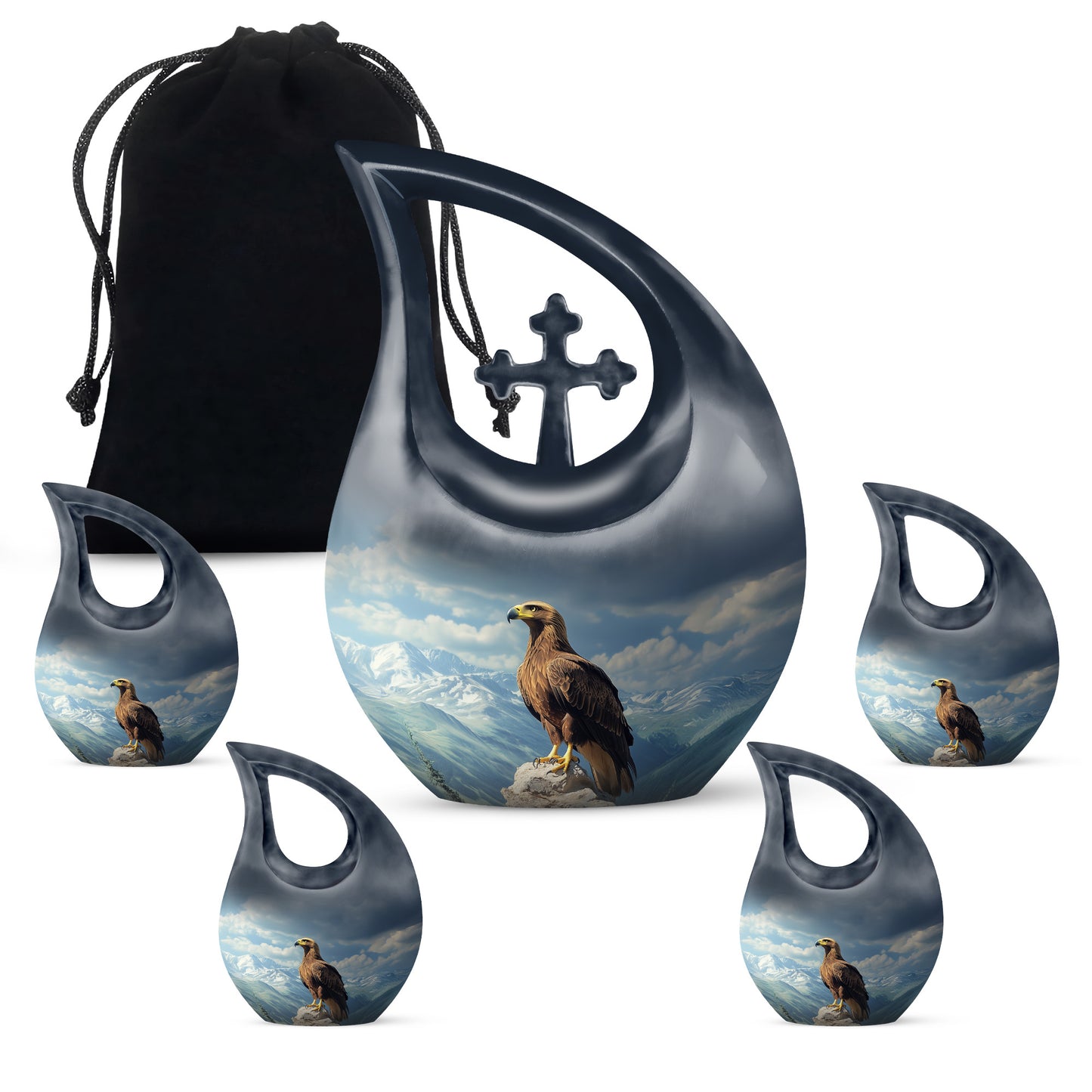 Sapphire Blue Eagle Cremation Urn urn with complimentary velvet bag - devotional cross-drop eagle engraving - memorial set with one large and four small urns