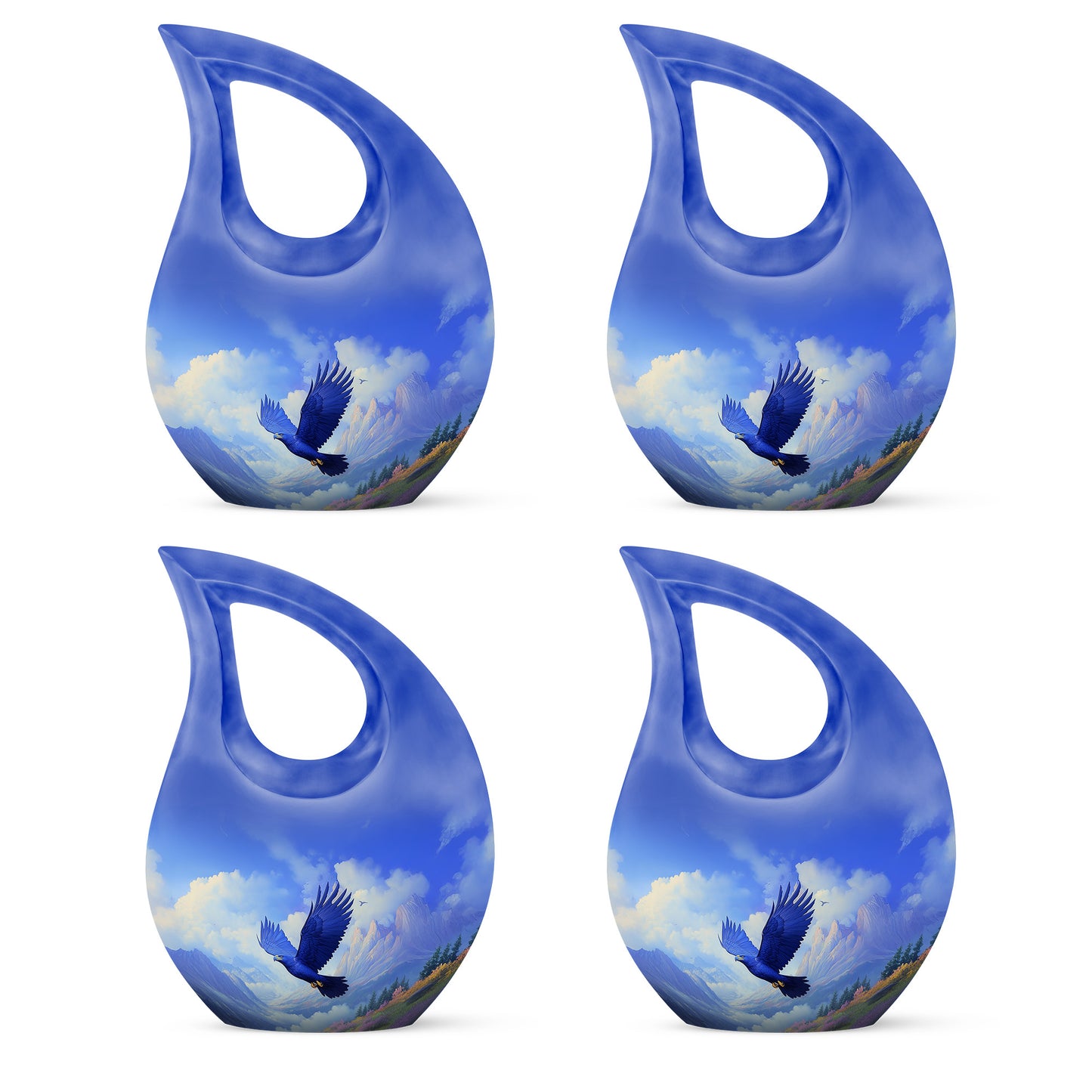 Soft Blue Eagle Cremation Urn lifestyle display on memorial shelf - faith-inspired cross-drop urn with eagle pattern - 10 inch aluminum urn for cremated remains
