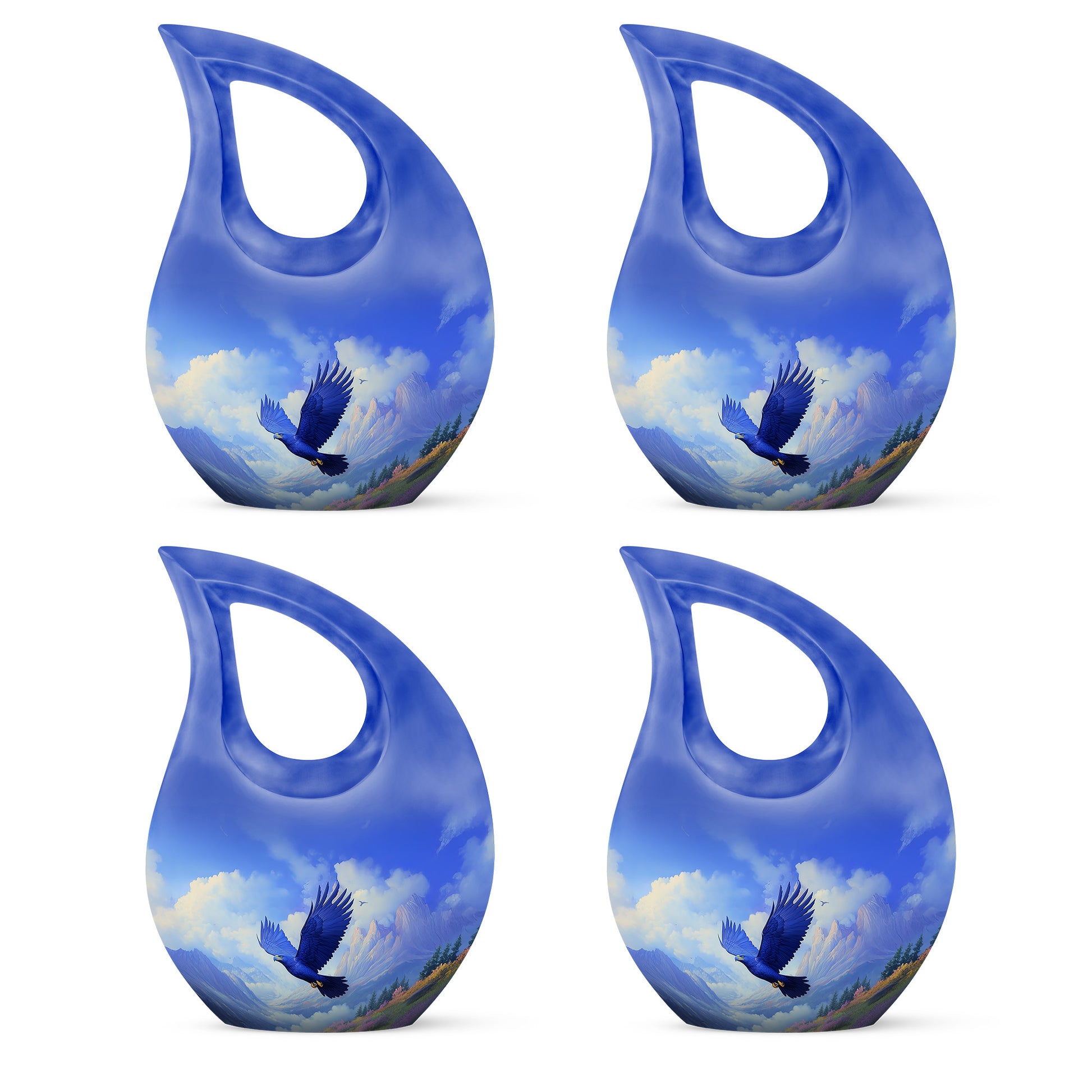Soft Blue Eagle Cremation Urn lifestyle display on memorial shelf - faith-inspired cross-drop urn with eagle pattern - 10 inch aluminum urn for cremated remains