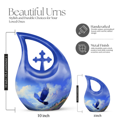 Celestial Blue Eagle Cremation Urn back view with polished surface - sacred cross merged with eagle motif on metal - mini keepsake memorial for portion of cremation ashes
